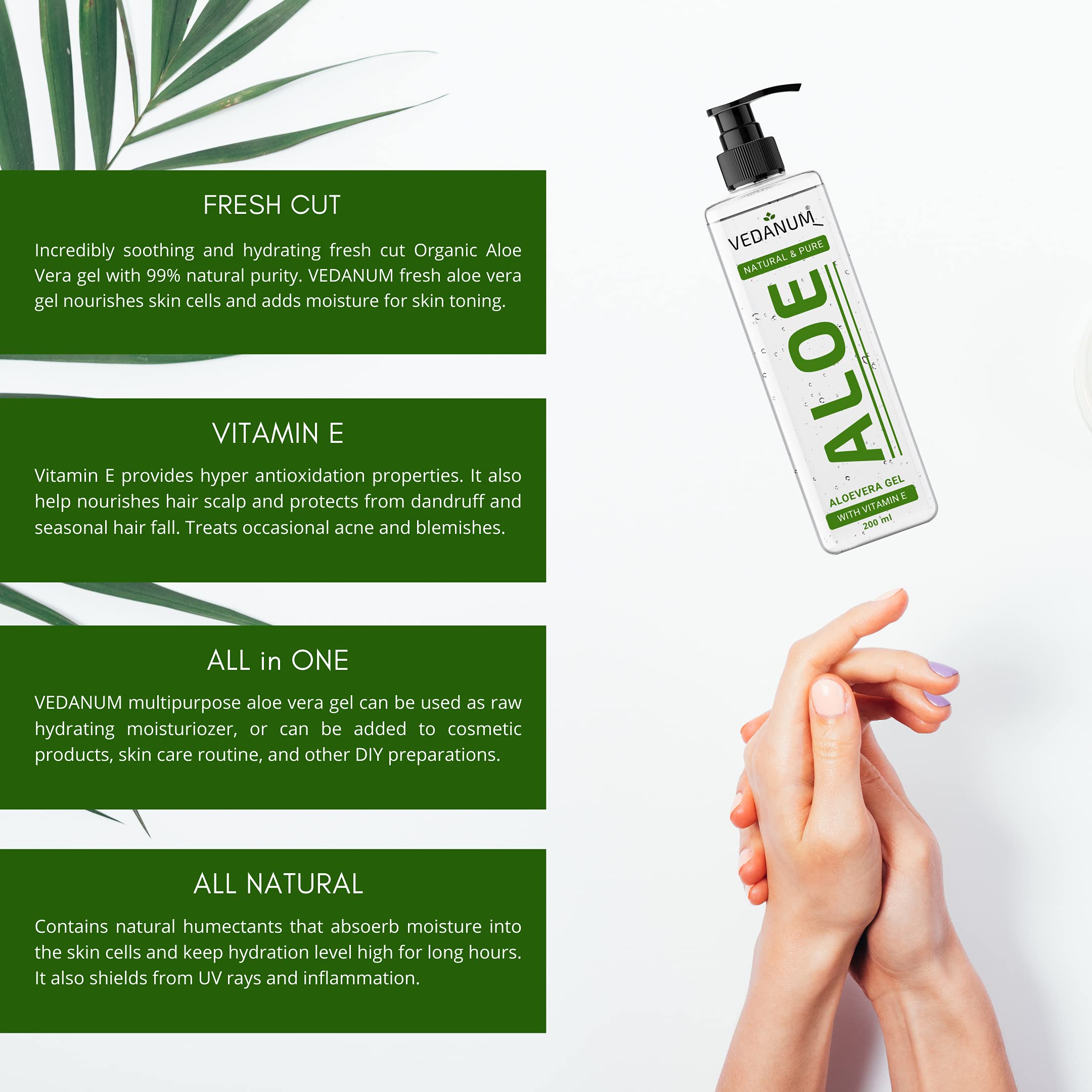 VEDANUM Organic Aloe Vera Gel for Skin Hydration & Moisturizing - 200ml Natural Unscented Gel for Face, Body, Sunburn Relief & After-Sun Care | Vegan, Cruelty-Free, Soothing Skin Treatment