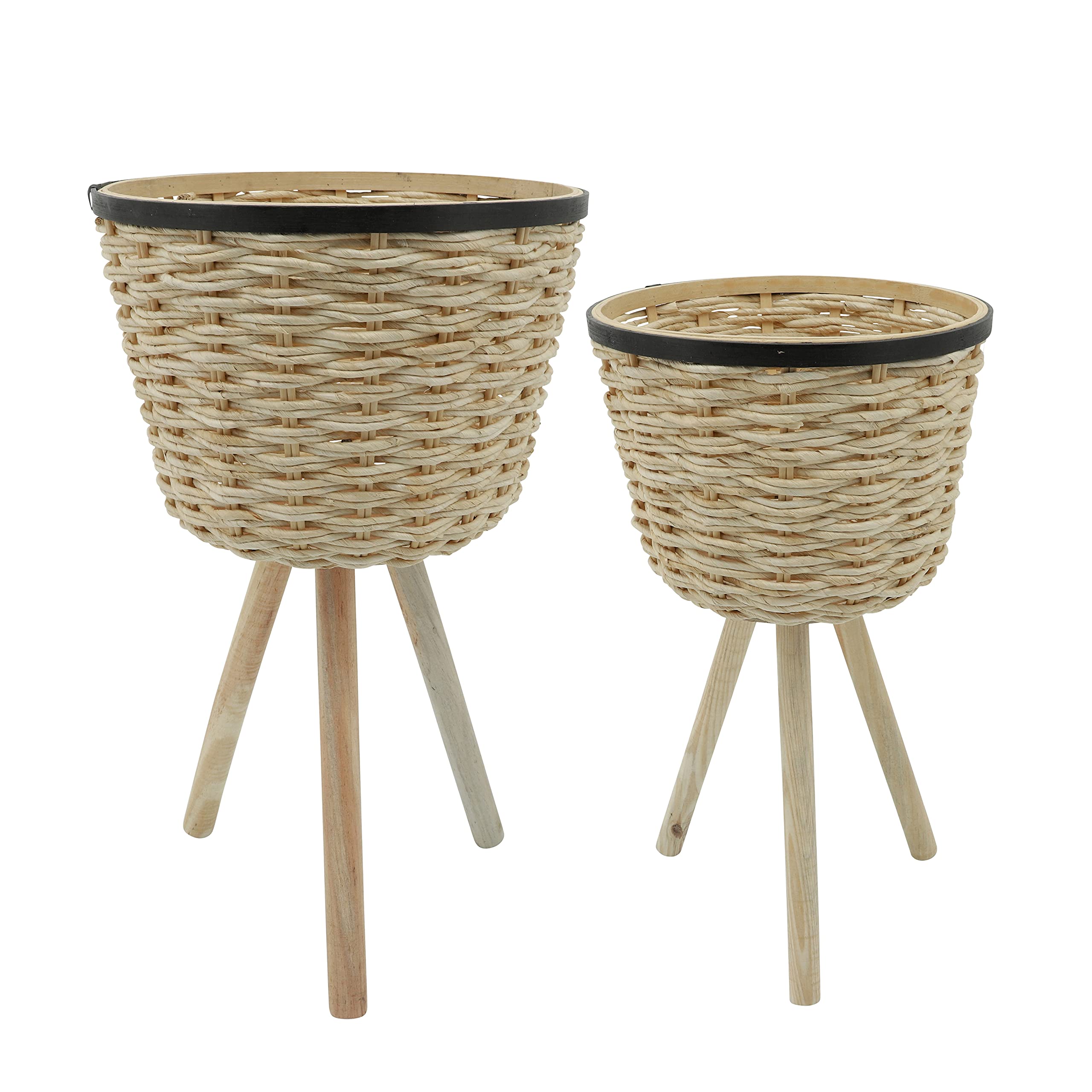 Set of 2 Modern Bamboo and Wicker Planters with Rustic Brown Texture - Indoor Outdoor Decorative Plant Stand for Home Garden Patio Balcony Decor