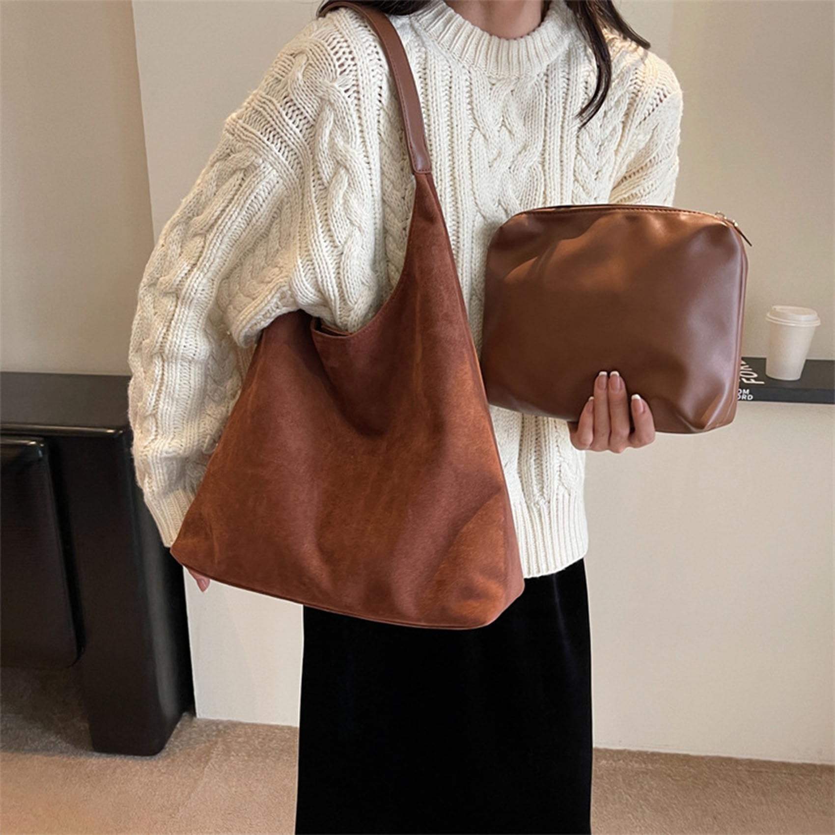 Jeeeun Brown Suede Handbag for Women - Soft Leather Tote Purse with Adjustable Strap, Stylish & Durable Suede Shoulder Bag - Perfect for Work, Travel & Everyday Use