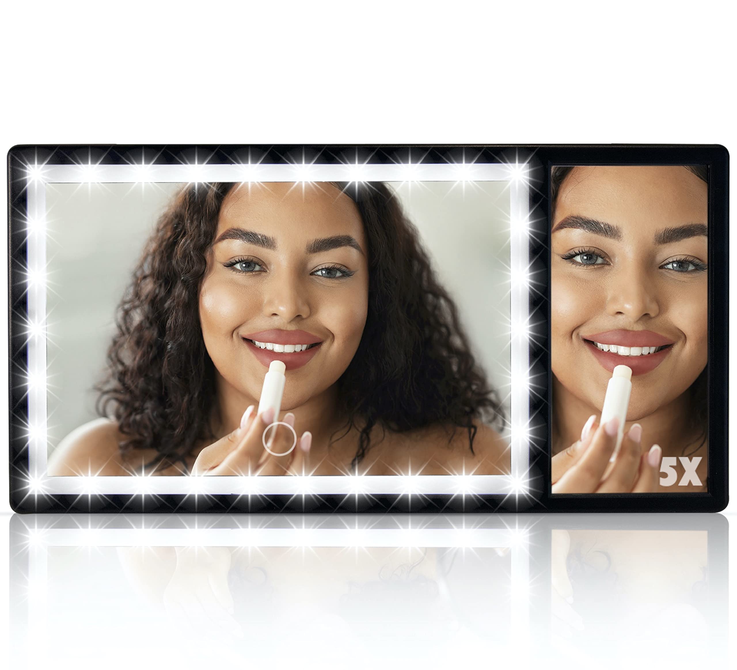 LED Car Visor Vanity Mirror with 1X/5X Magnification - Wireless Rechargeable Makeup Mirror with 3 Dimmable Light Modes (Black) - Perfect for On-the-Go Makeup, Travel & Emergency Touch-Ups