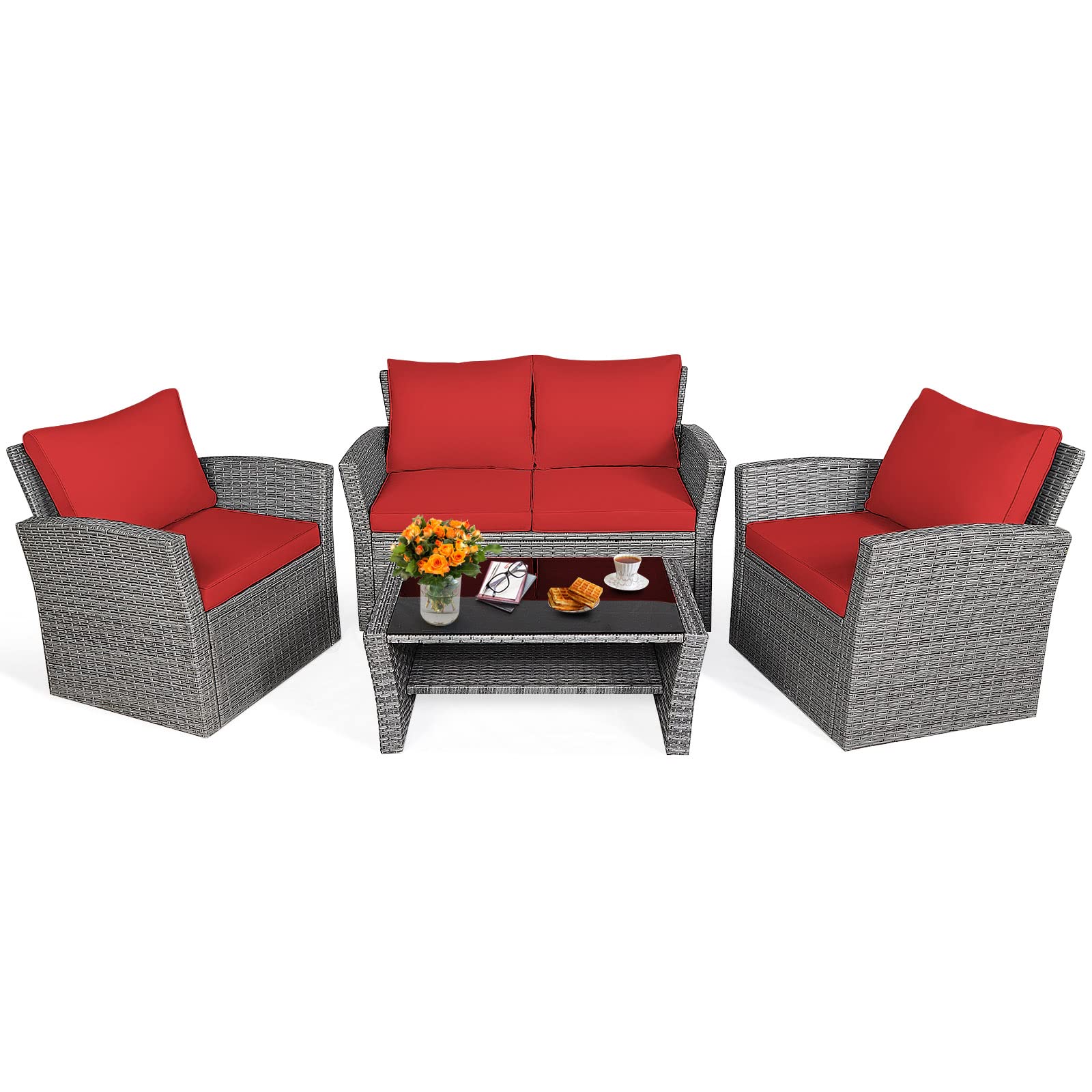 Tangkula 4-Piece All-Weather Outdoor Patio Furniture Set - Wicker Rattan Sectional Sofa with Cushions & Tempered Glass Table - Perfect for Backyard, Garden, Poolside, and Outdoor Conversations