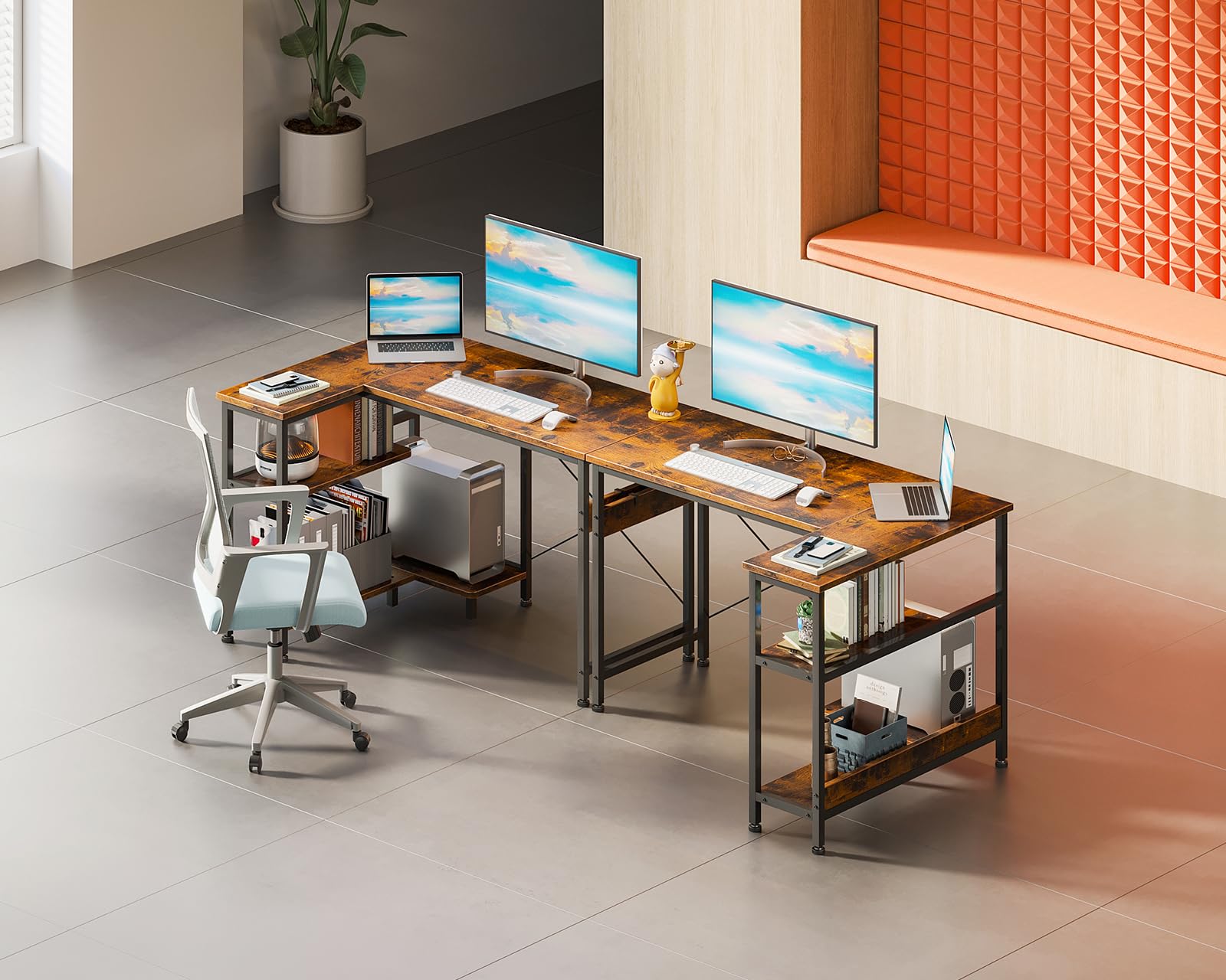 ODK 40 Inch Small L-Shaped Corner Desk with Reversible Storage Shelves & Monitor Stand - Space-Saving Home Office Desk for Small Spaces, Rustic Brown - Perfect for Gaming, Studying & Remote Work