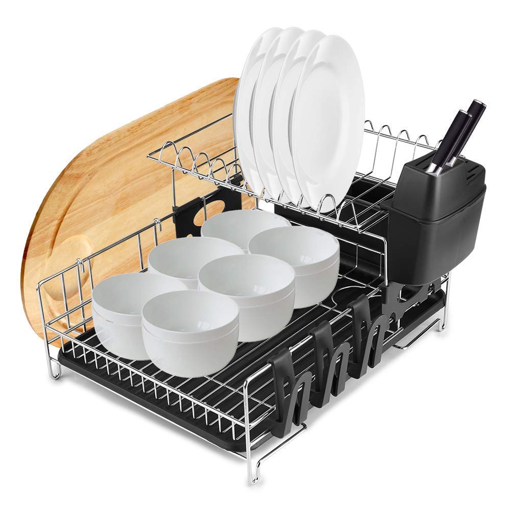 2-Tier Stainless Steel Dish Rack with Drip Tray - Rustproof Kitchen Dish Drainer, Cup Holder & Cutlery Organizer - Space Saving Drying Rack for Countertop - Perfect for Small Kitchens, Apartments & RVs