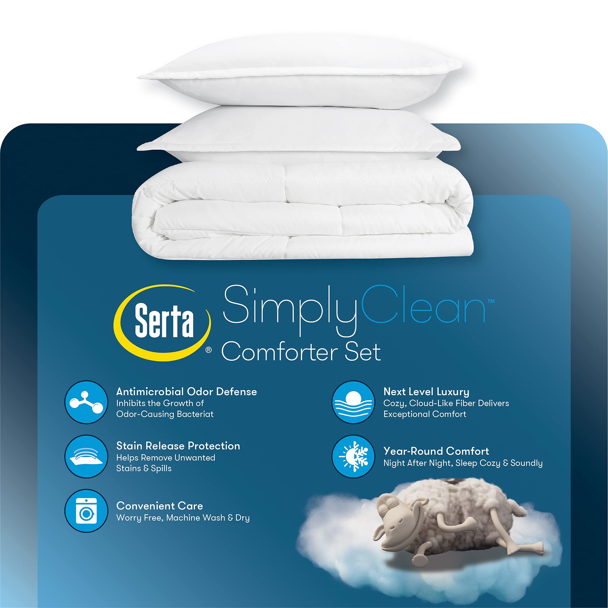 SERTA Simply Clean Ultra Soft Hypoallergenic 3-Piece Comforter Set - Full/Queen Size, White - Breathable Bedding for Allergies & Sensitive Skin - Perfect for Master Bedroom, Guest Room & Dorm