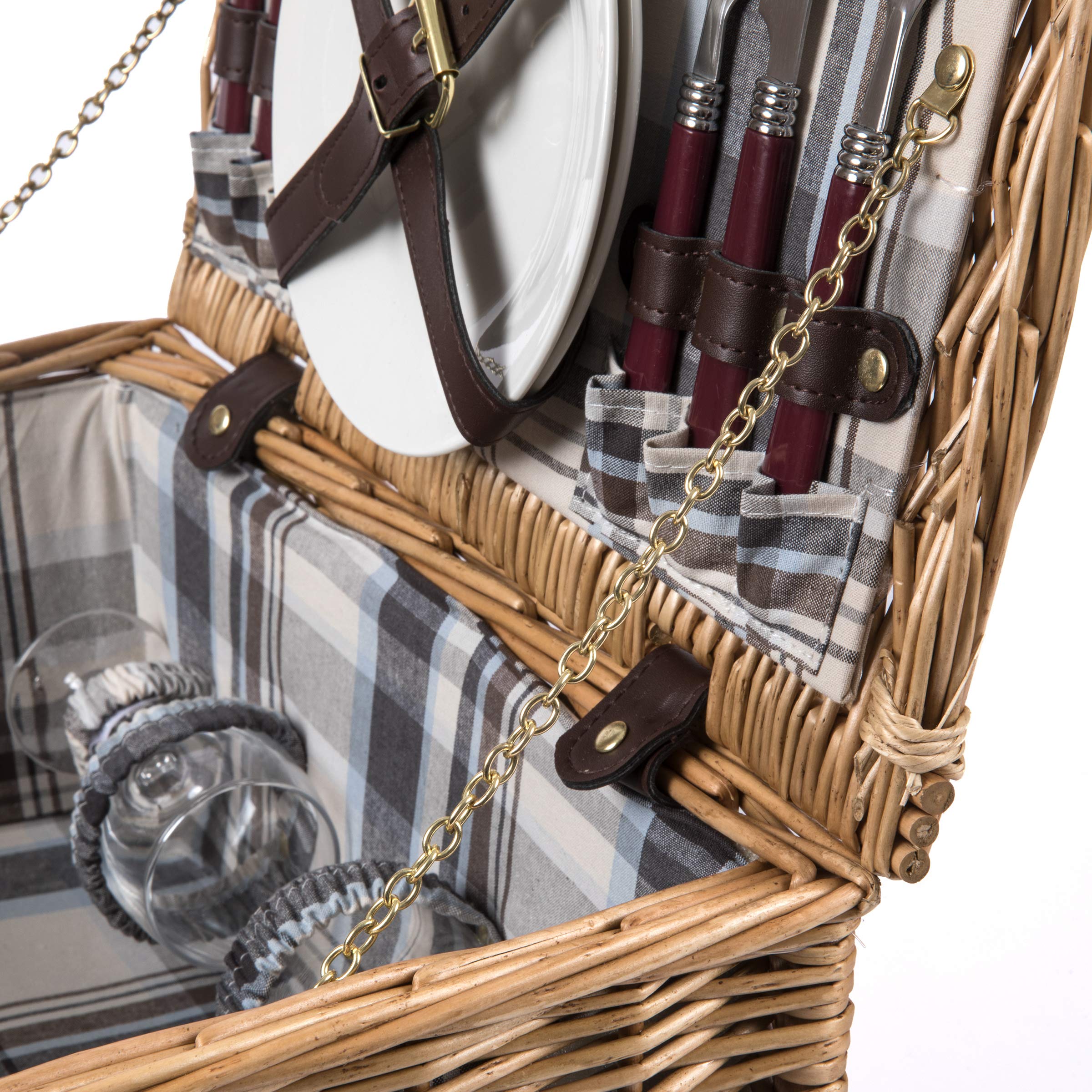 PICNIC TIME - Bristol Wicker Picnic Basket for 2 with Navy Blue & Burgundy Plaid Pattern - Complete Picnic Set for Couples | Perfect for Romantic Outdoors, Beach Dates, and Park Picnics