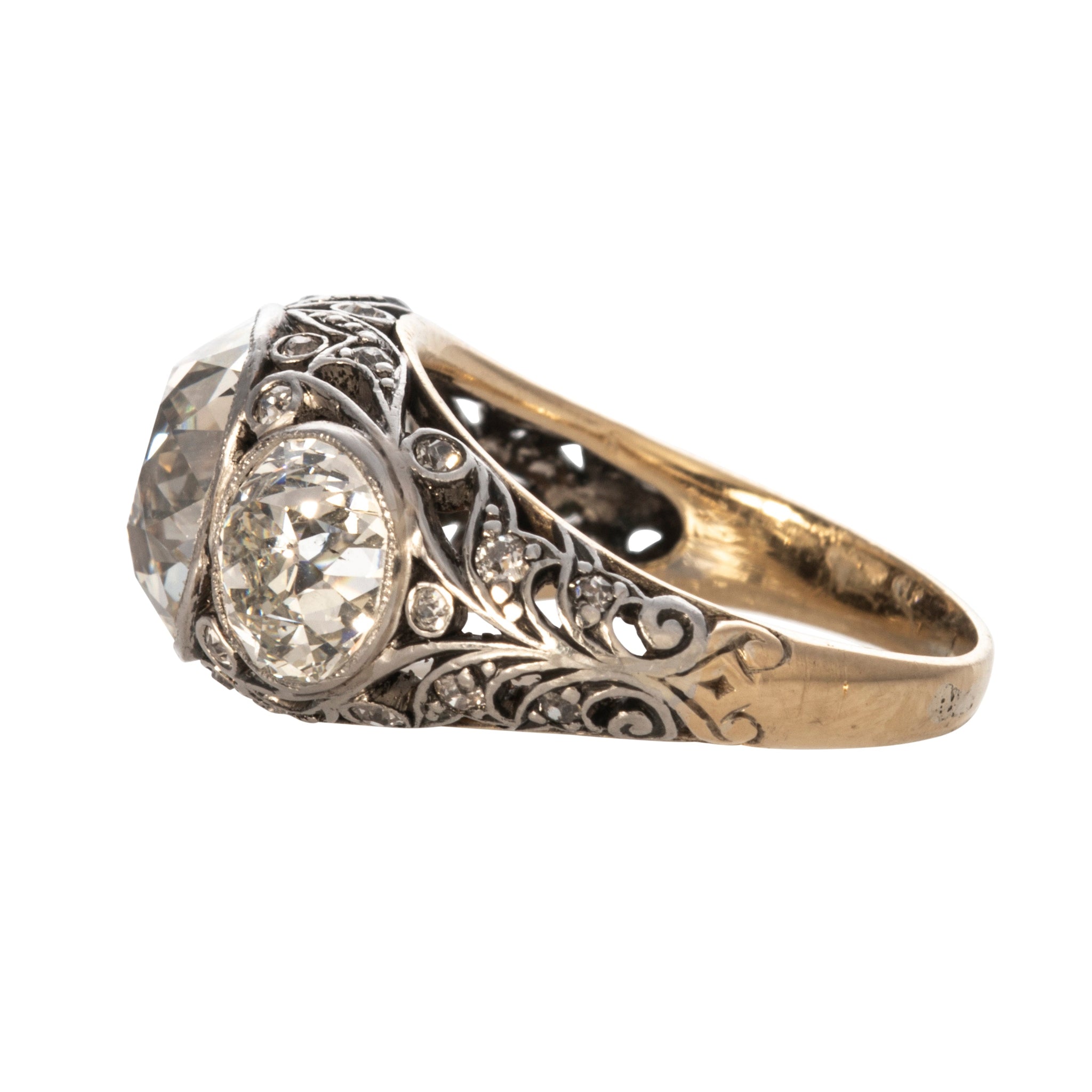 Edwardian Diamond Three Stone Platinum 18K Gold Dome Ring - Vintage Engagement Wedding Jewelry for Brides & Anniversary Gifts