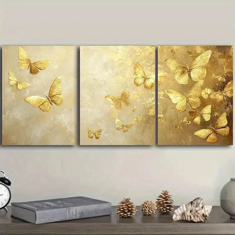 3-Piece Gold Leaf Butterfly Oil Painting Wall Art Set - Framed Canvas 50x70cm - High Quality Print - 100% Australian Made - Ready to Hang - Perfect for Living Room, Bedroom & Office Decor