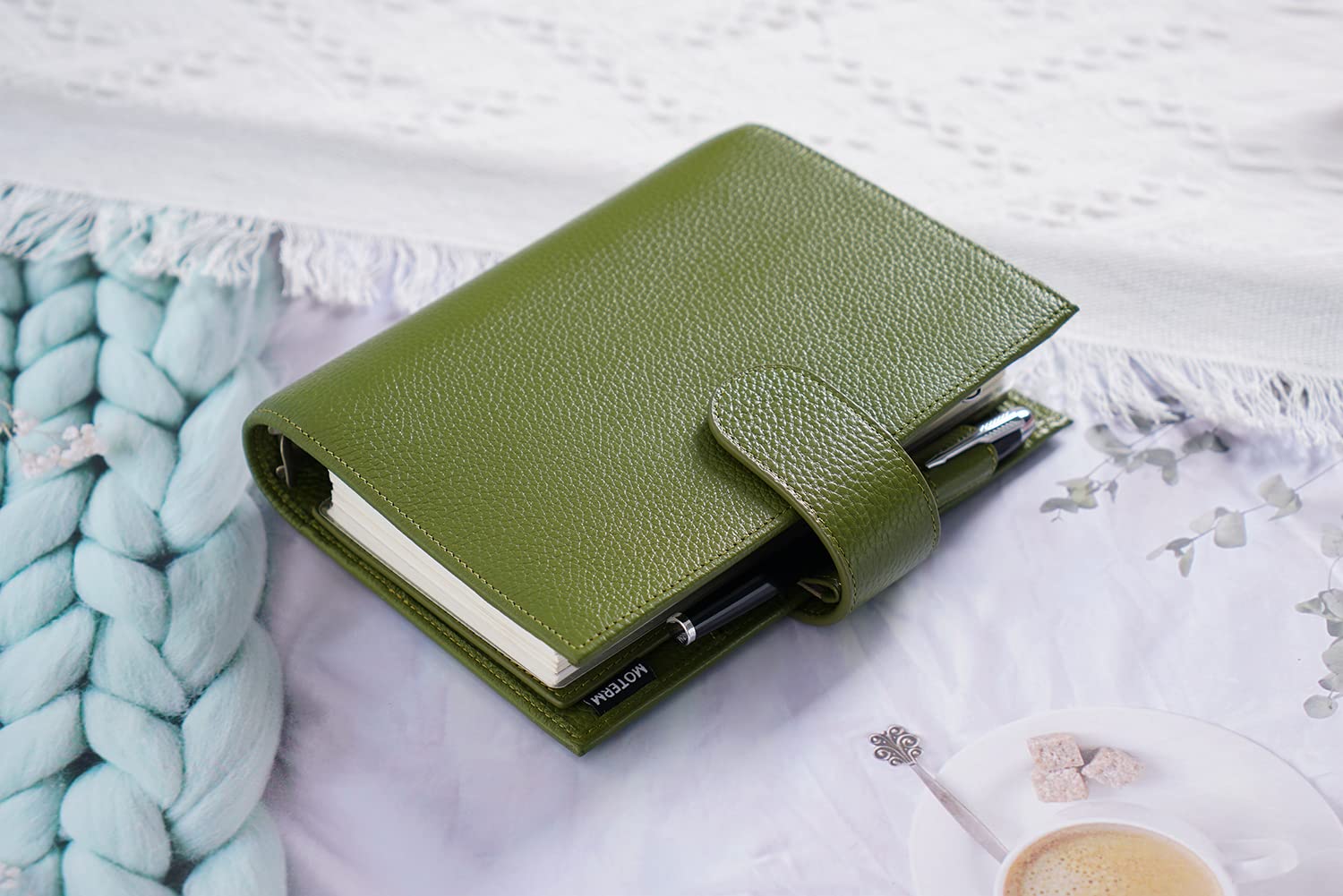 Moterm Personal Luxe Rings Planner - Genuine Leather Binder Organizer with 30mm Rings (Pebble-Olive) | Perfect for Daily Planning, Journaling & Productivity | Office, School & Home Use