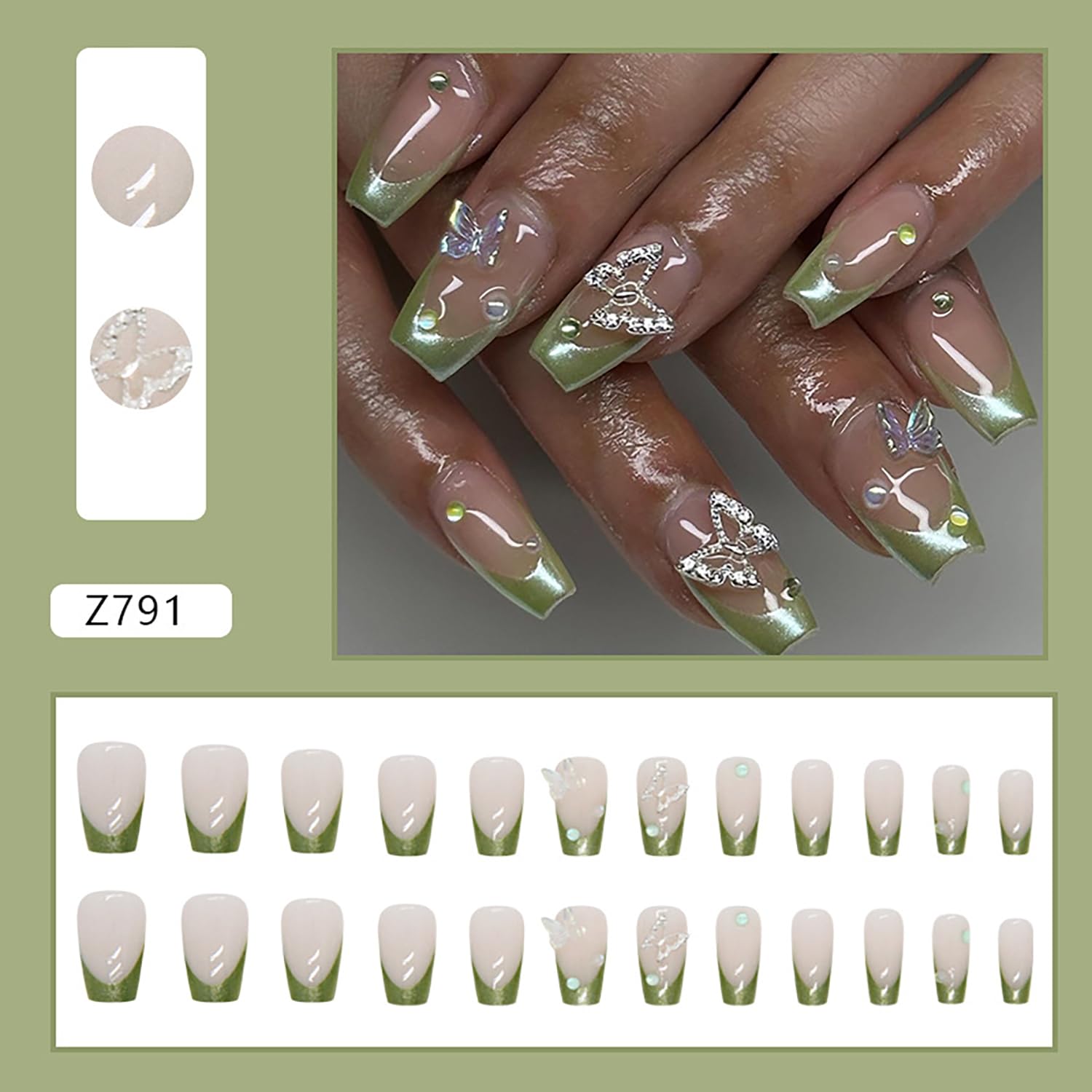 French Tip Press On Nails - Medium Length Ballet Shaped Green Acrylic False Nails 24 Pcs Kit with Nail File & Wooden Stick - Perfect for Parties, Weddings, and Everyday Wear