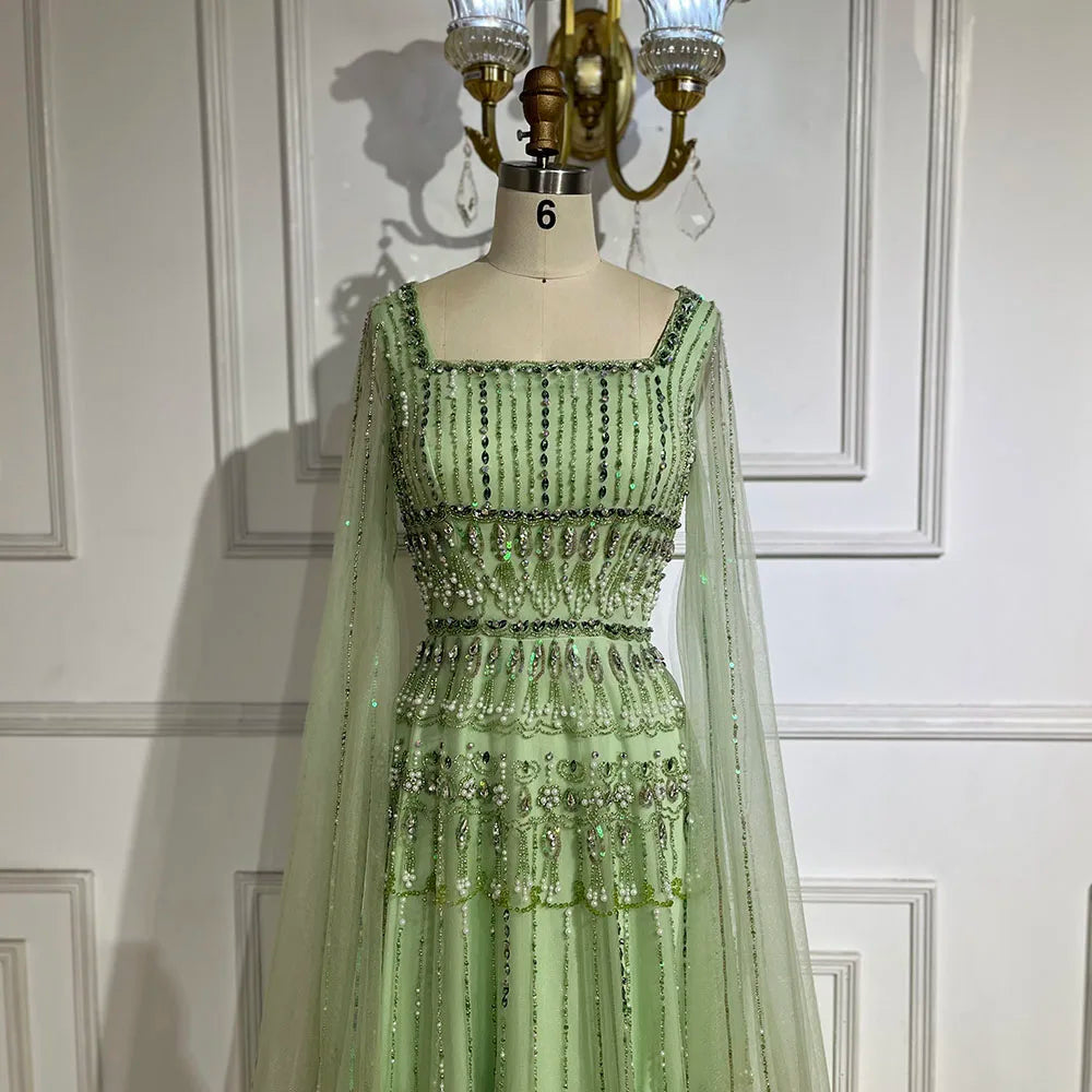 Elegant Dubai Arabic Sage Green Evening Gown with Cape Sleeves - LA72595 | Formal Gown for Weddings, Galas & Special Occasions