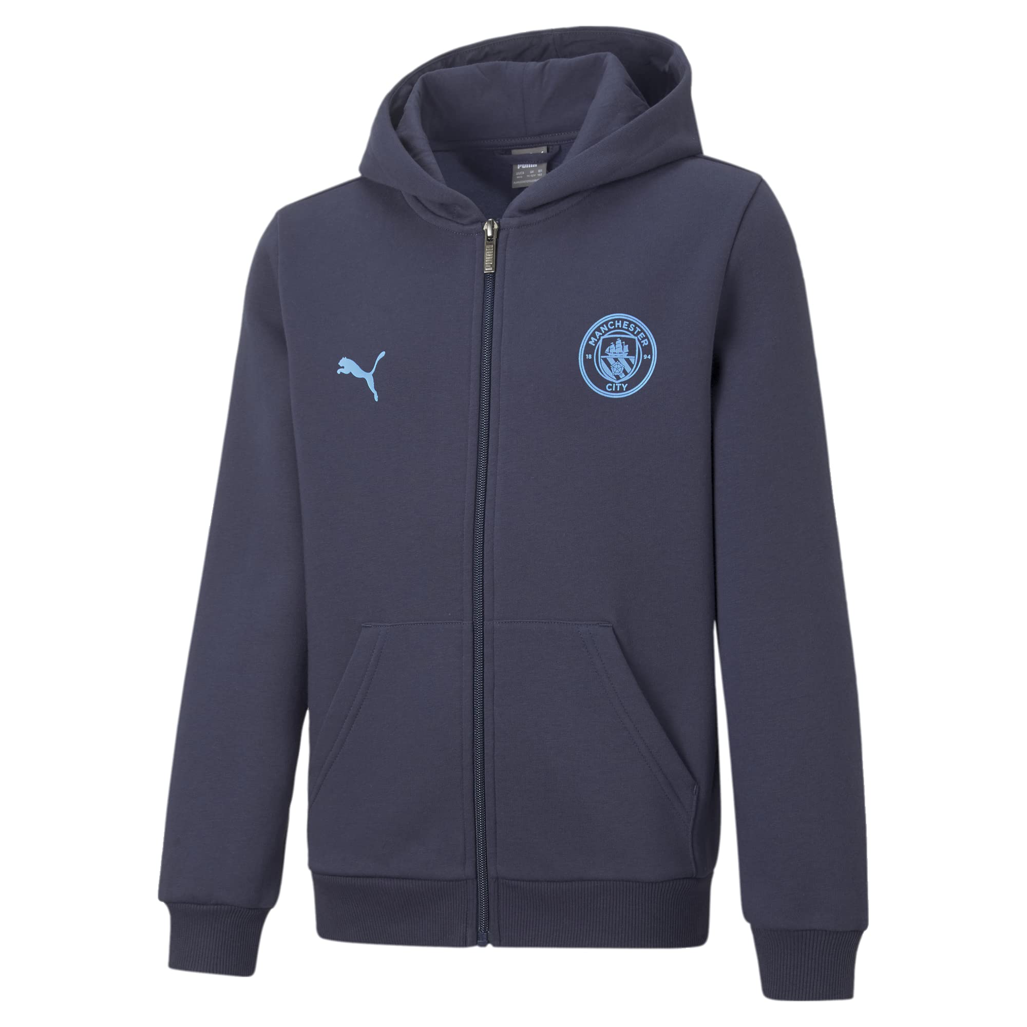 PUMA Manchester City Kids' Full Zip Hooded Sweatshirt - Boys & Girls Team Jersey Jacket for School, Sports & Casual Wear
