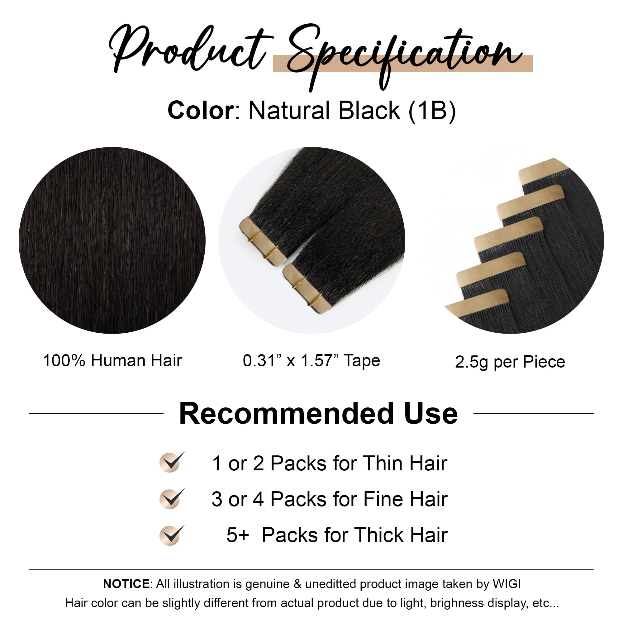WIGI Premium Tape in Hair Extensions - 100% Real Human Hair, 20pcs Straight Seamless Skin Weft, 50g/pack, Thick Ends for Invisible Volume | Perfect for Daily Styling, Weddings & Special Occasions
