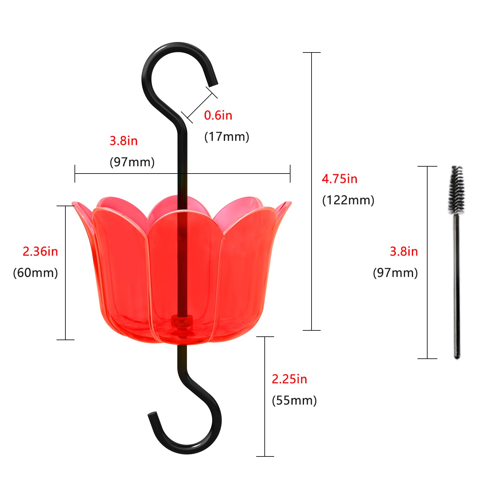6 OZ x 2 Ant Moat for Hummingbird Feeders - Red Flower Ant Guard with 2 Rustproof S Hooks & Cleaning Brushes | Durable Plastic & Metal Hummingbird Feeder Accessories | Perfect for Outdoor Bird Watching & Garden Decoration