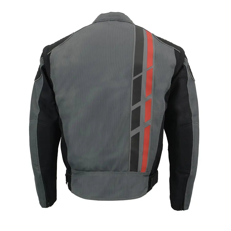 First MFG Co. Men's Black & Grey Mesh Armored Racing Jacket with Reflective Racing Stripes - Lightweight Motorcycle Gear for Street & Track Riding