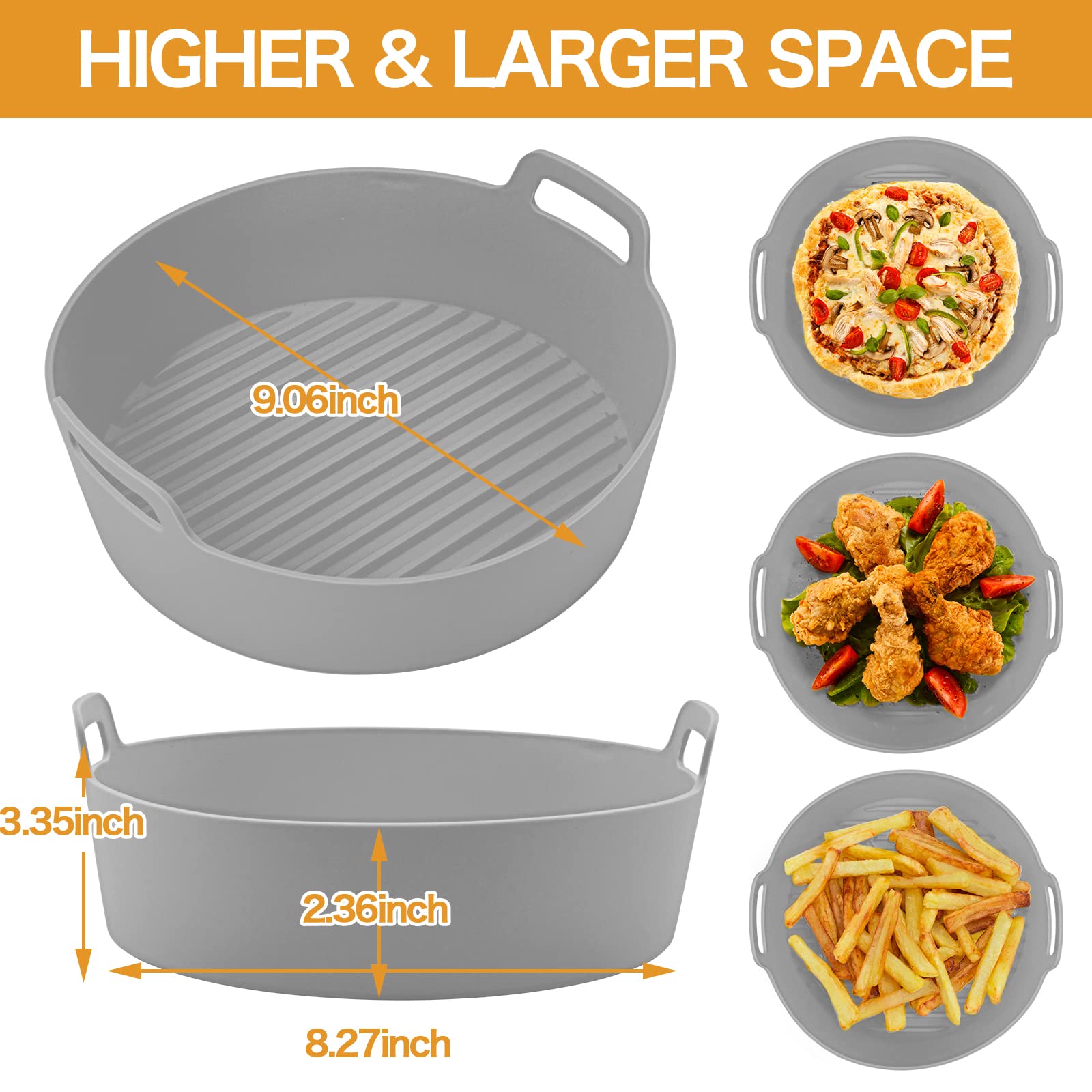 Reusable Silicone Air Fryer Liners - 9 Inch Heat Resistant, Food Safe Bowl for Ninja Foodi, Microwave, Coffee Maker & Blender (2-Pack, Grey) - Perfect for Baking, Roasting & Meal Prep
