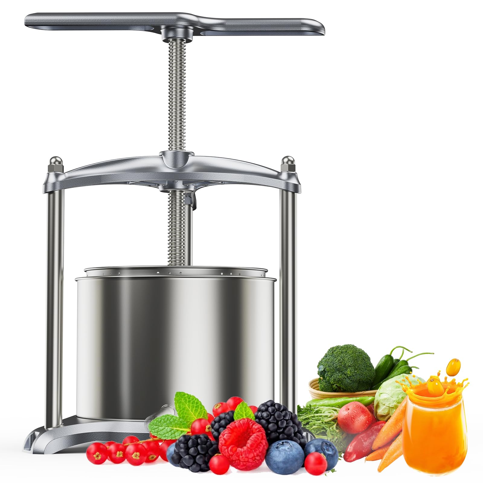 Premium 1.6 Gallon Fruit Wine Press - 100% Natural Juice Extractor for Apples, Carrots, Oranges, Berries & Vegetables | Cheese Making, Tincture & Herbal Press (Silver) | Perfect for Home Brewing, DIY Juicing & Healthy Living