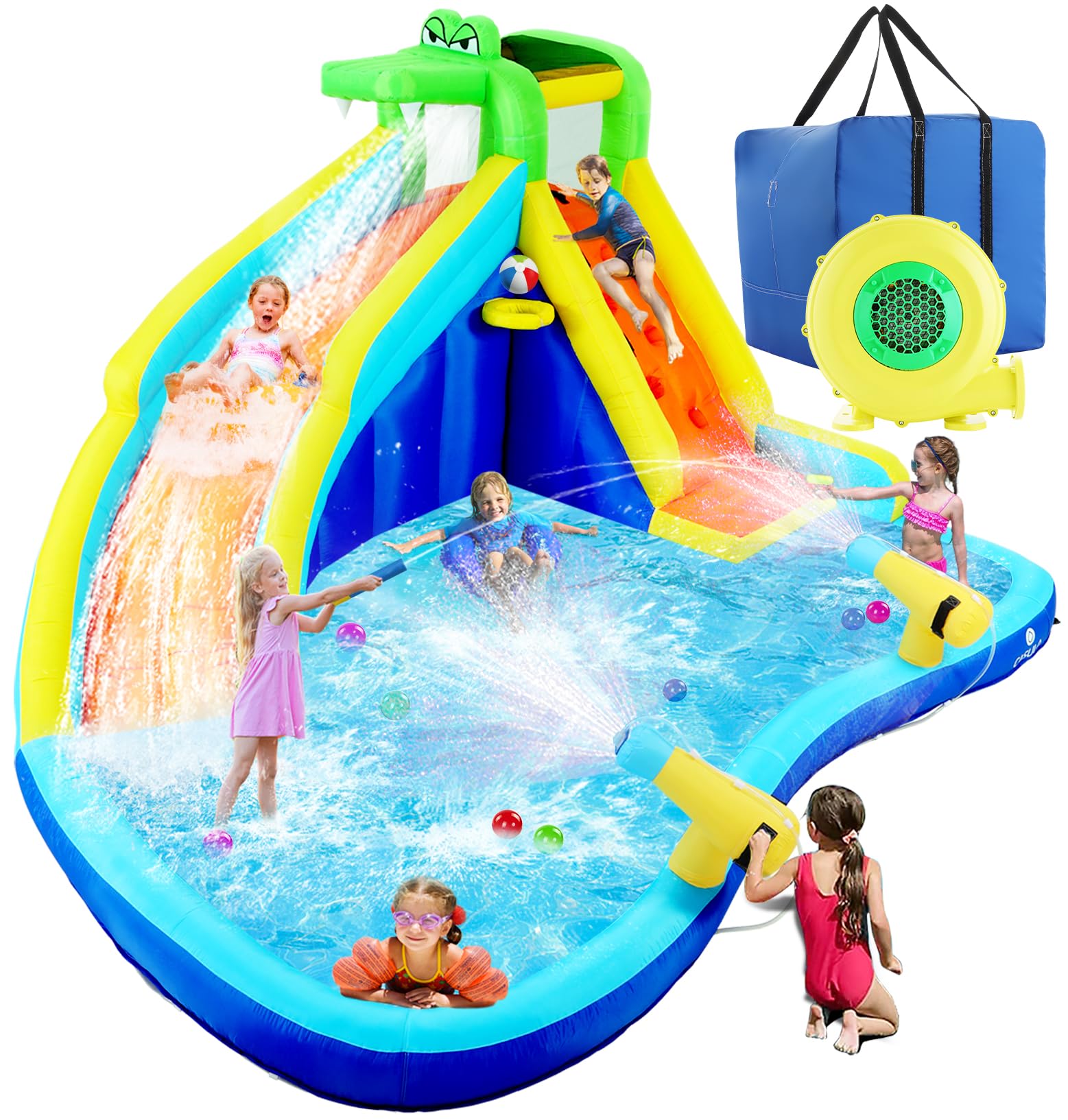**Whubefy 8-in-1 Inflatable Water Slide & Bounce House for Kids - 450W Air Blower, Double Water Cannon, Climbing Wall, Basketball Ring - Perfect for Outdoor Backyard Parties, Summer Fun & Birthday Gifts**