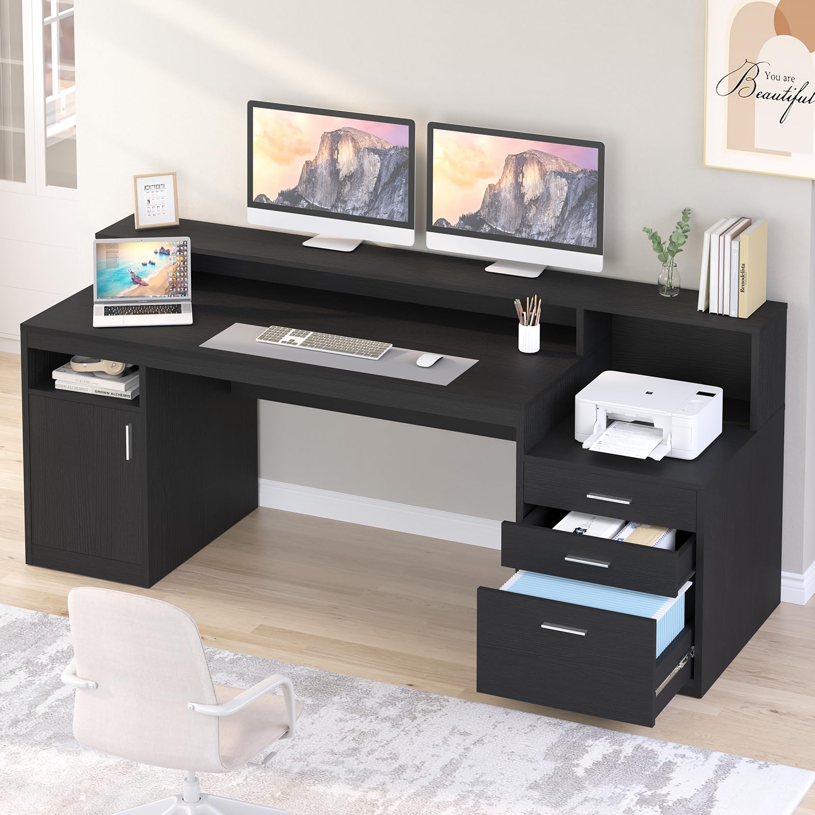 Black Computer Desk with 3 Drawers, Storage Shelves & File Cabinet - Home Office Desk with Monitor Stand & Printer Shelf - Executive Writing Study Table for Small Spaces, Gaming & Remote Work