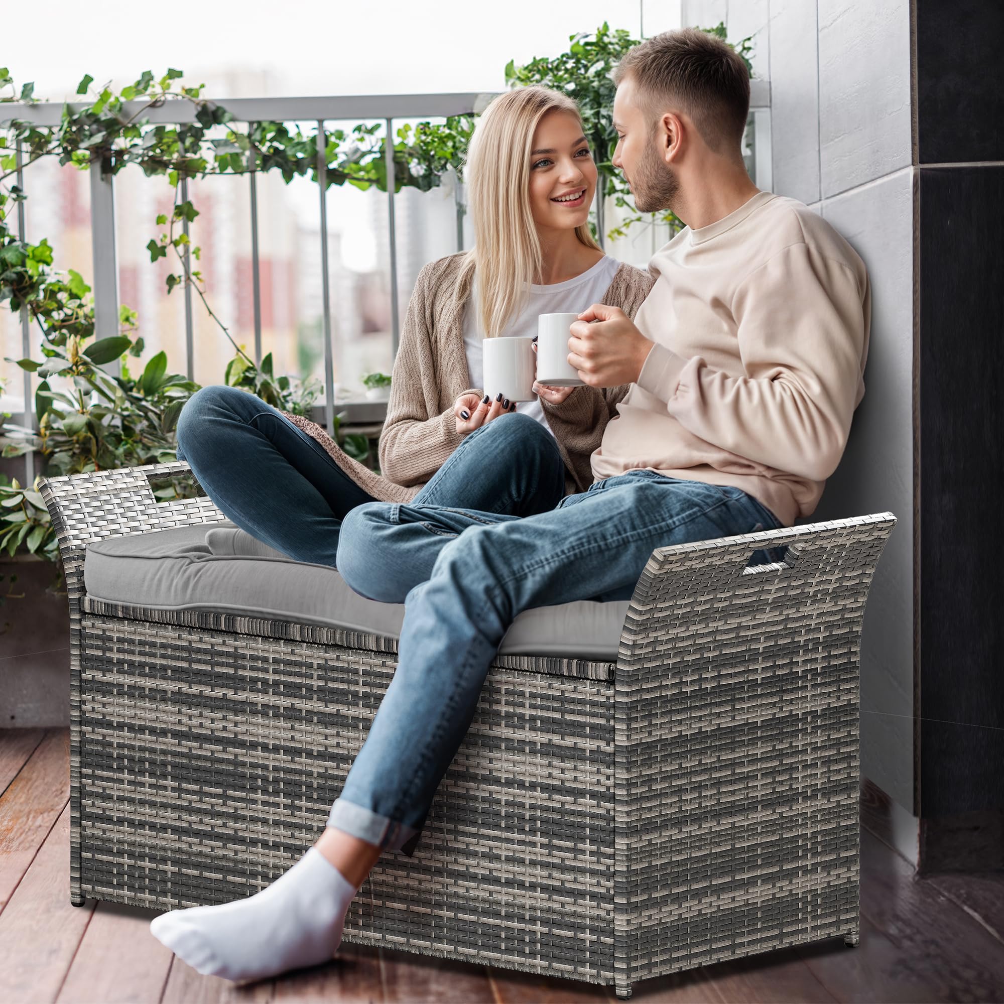 YITAHOME 90 Gallon Outdoor Wicker Storage Bench with Cushion - Large PE Rattan Deck Box with Handles & Hydraulic Lid - Perfect for Patio Furniture Storage, Garden Tools, Pool Accessories & Sports Equipment (Gray) - Ideal for Backyard, Deck, Poolside & Outdoor Organization