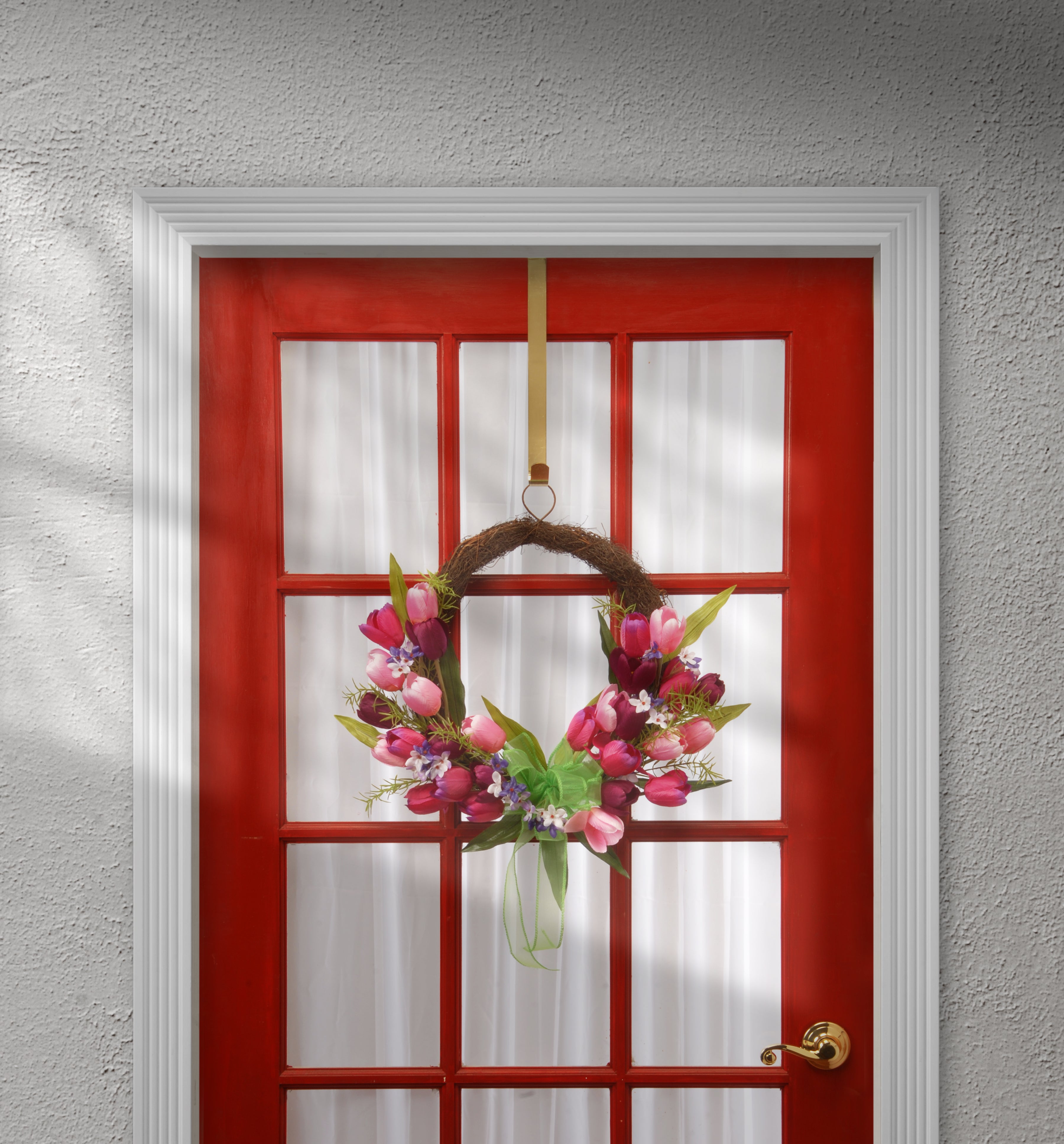 20 Inch Spring Wreath with Pink and Purple Tulip Flowers, Green Ribbon & Foliage - Perfect for Front Door Decor, Easter Home Decorations & Spring Party Decor