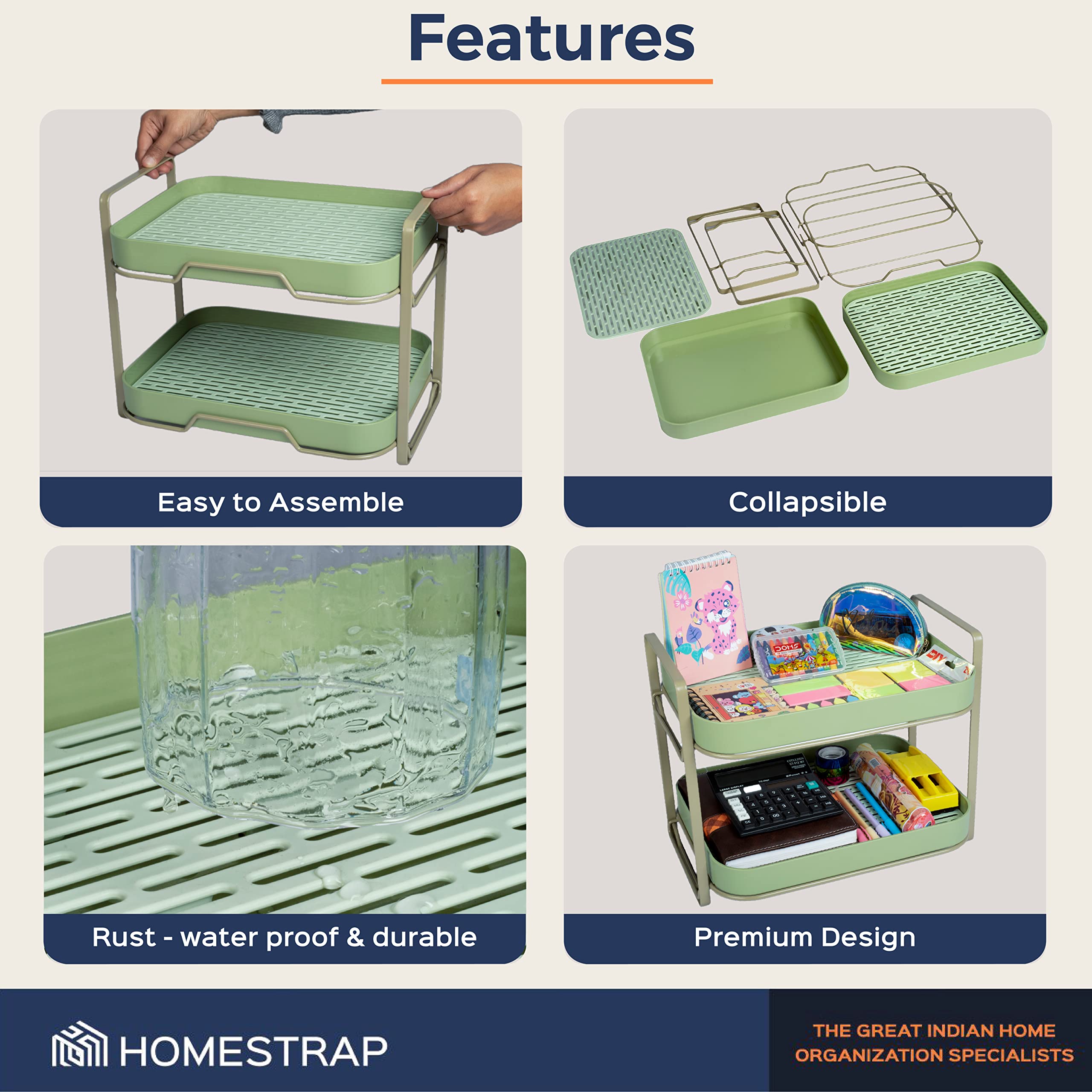 HomeStrap Plastic Double Drain Shelf Organizer | Space-Saving Cosmetic & Kitchen Organizer, Vegetable Drying Rack with Drain Tray - Perfect for Bathroom Countertops & Kitchen Sinks (Green)