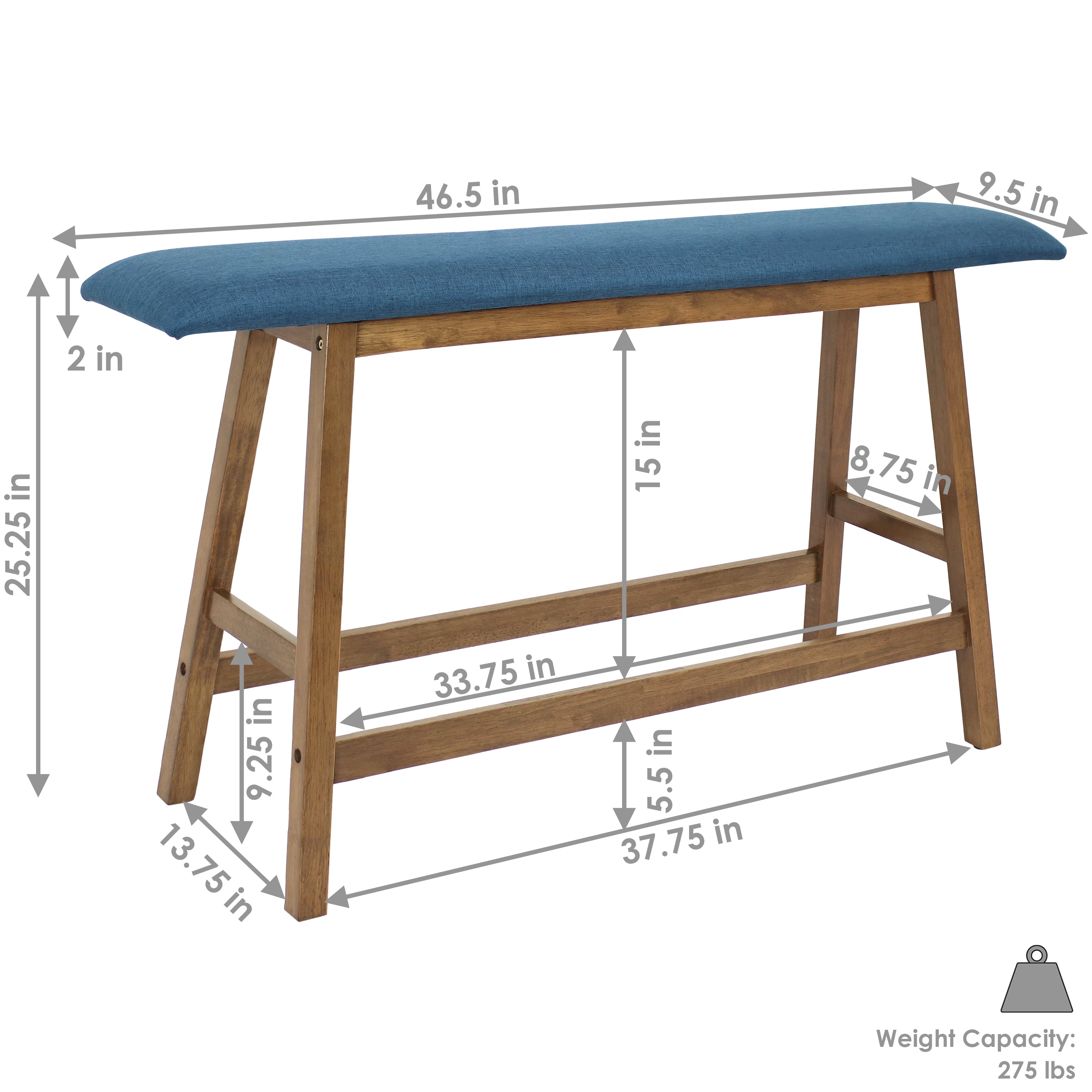 Sunnydaze Wooden Counter Height Dining Bench - Weathered Oak Finish with Blue Cushion - Perfect for Kitchen, Breakfast Nook & Outdoor Patio Seating