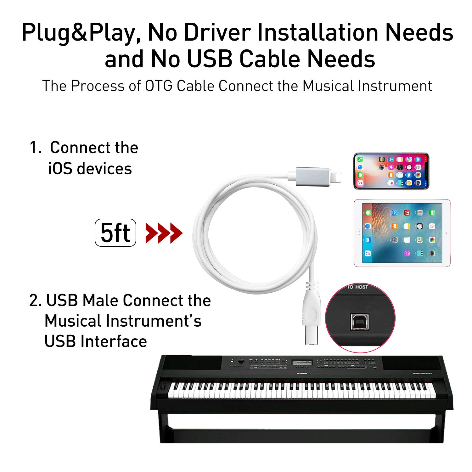 MeloAudio Lightning to MIDI Cable USB 2.0 - High-Speed OTG Converter for MIDI Keyboard, Audio Interface & USB Microphone (5FT) - Perfect for Music Production, Home Studio & Live Performances