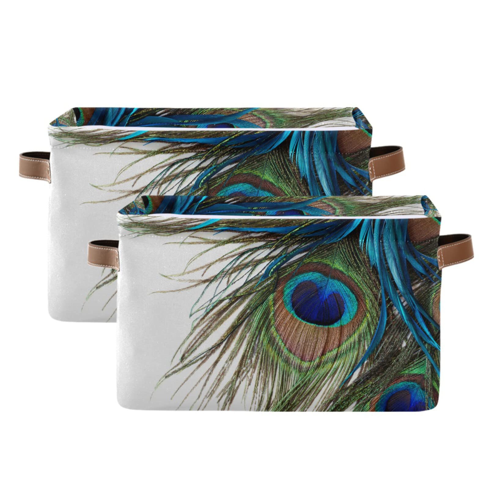 Peacock Eye Feather Storage Baskets with Handles - Large Collapsible Rectangular Storage Bins for Kids Toys, Nursery, Closet & Bathroom Organization (2-Pack) | Perfect for Home Decor, Toy Storage & Nursery Shelf Organization