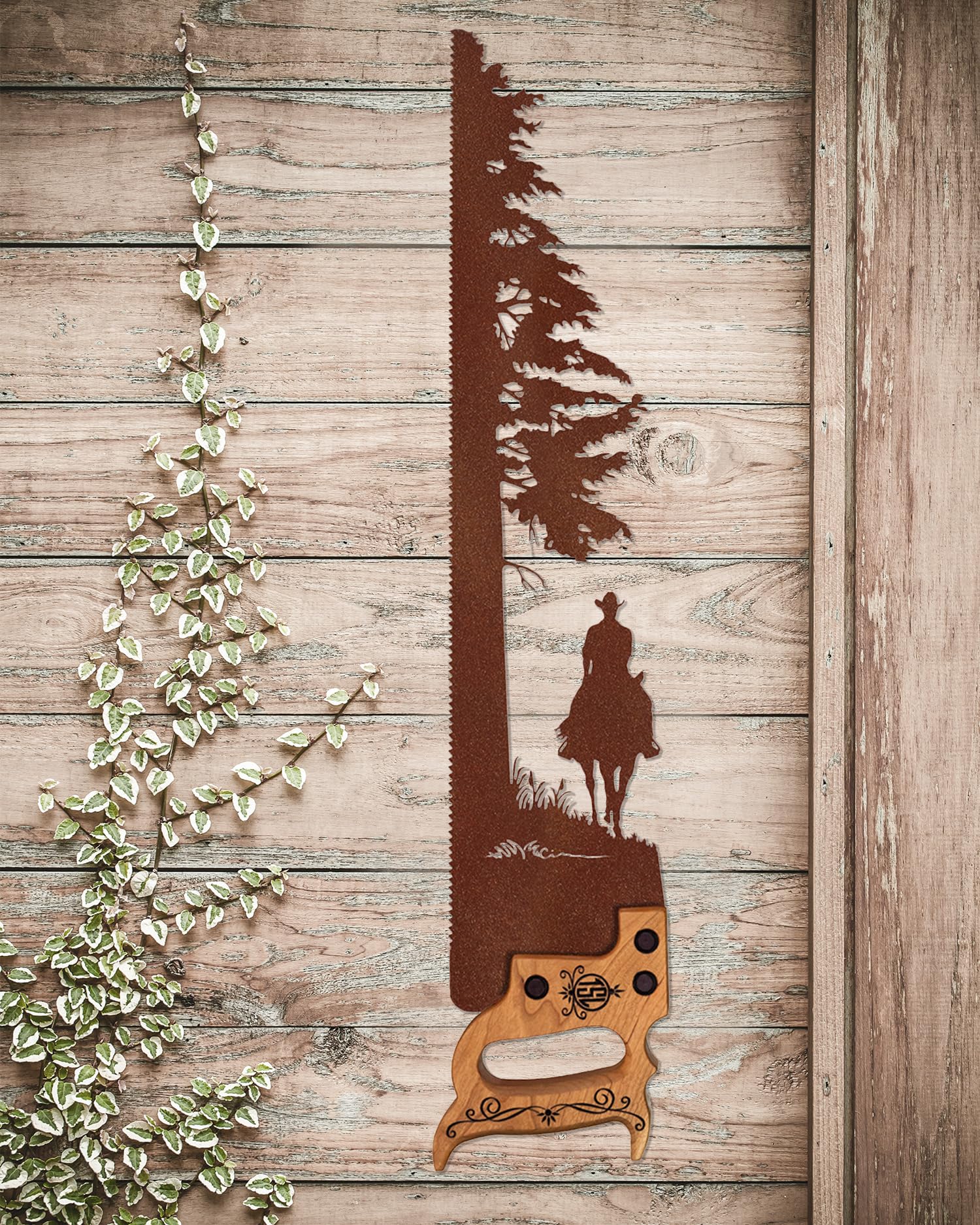 Handmade Western Cowboy Riding Horse by Tree Wall Art - Custom Made Rustic Home Decor for Western Lovers | Perfect for Ranch, Cabin & Southwestern Style Interiors