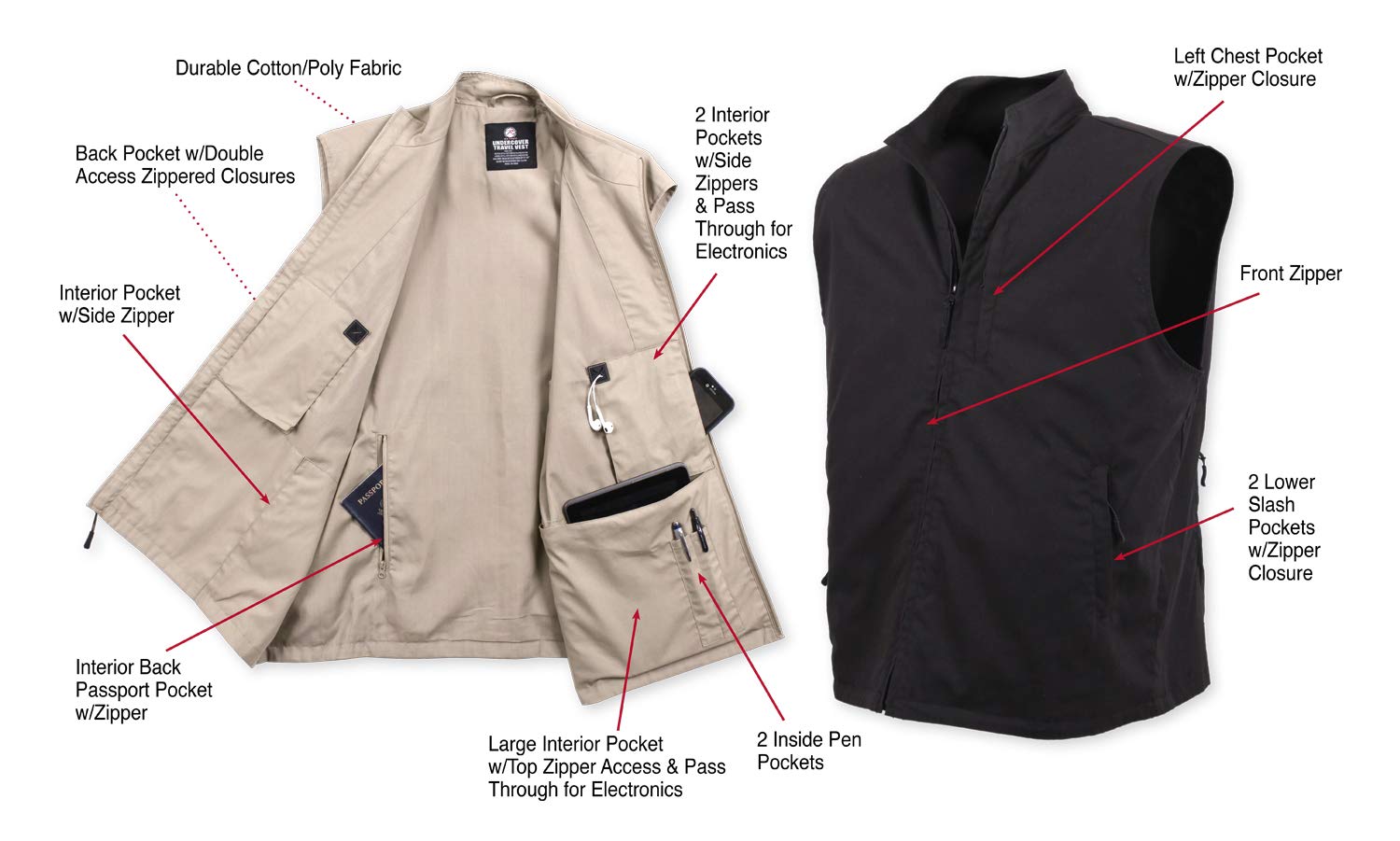 Rothco Undercover Travel Vest - Lightweight Tactical Concealed Carry Vest for Men, Outdoor Adventure & Travel | Hiking, Camping, Airsoft, Fishing Gear