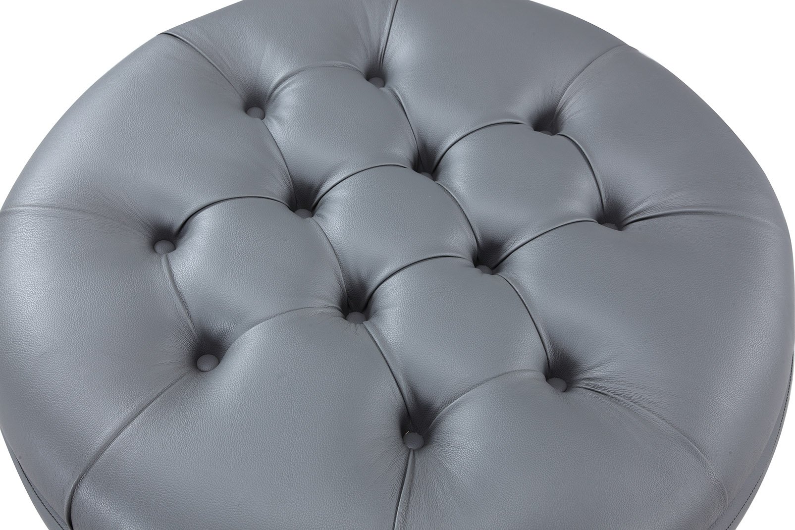 Modern Round Ottoman with Hidden Storage - PU Leather, Button Tufted, Nailhead Trim & Caster Wheels - Gold & Grey - Perfect for Living Room, Bedroom or Office Footrest & Extra Seating