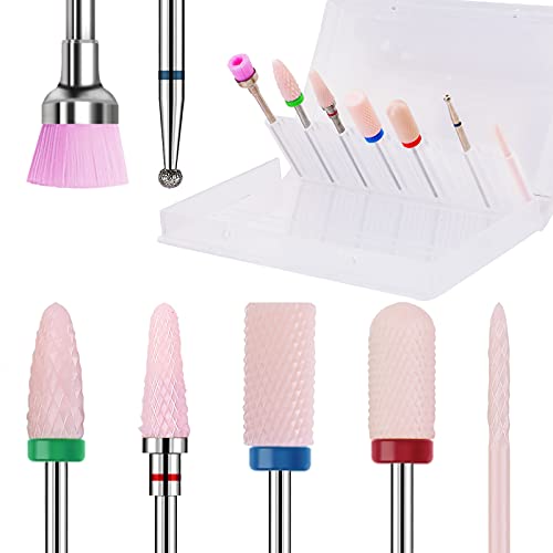 Kredioo Professional Ceramic Carbide Nail Drill Bits Set - 7PCS 3/32’’ Electric File Bits for Acrylic Nails, Cuticle Care & Gel Polish Removal with Convenient Holder Box | Perfect for Salon & Home Manicure
