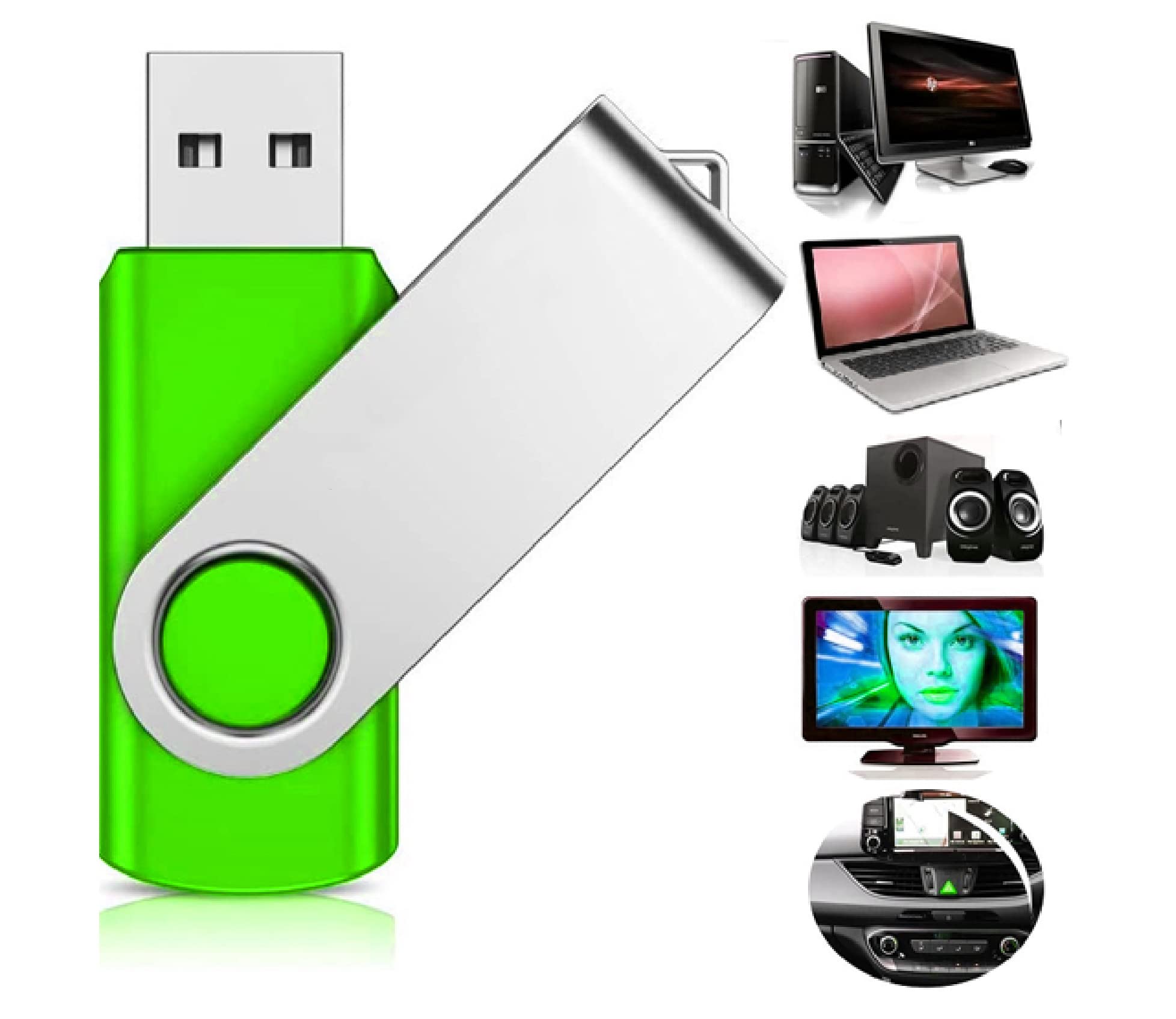 Vixelle 5 Pack 16GB High Speed USB 2.0 Flash Drives - 360° Rotating Metal USB Thumb Drives with Keychain Loop - Bulk USB Memory Sticks for PC, Mac, TV, Car Audio - Perfect for Data Storage, File Transfer, School & Office Use - Green