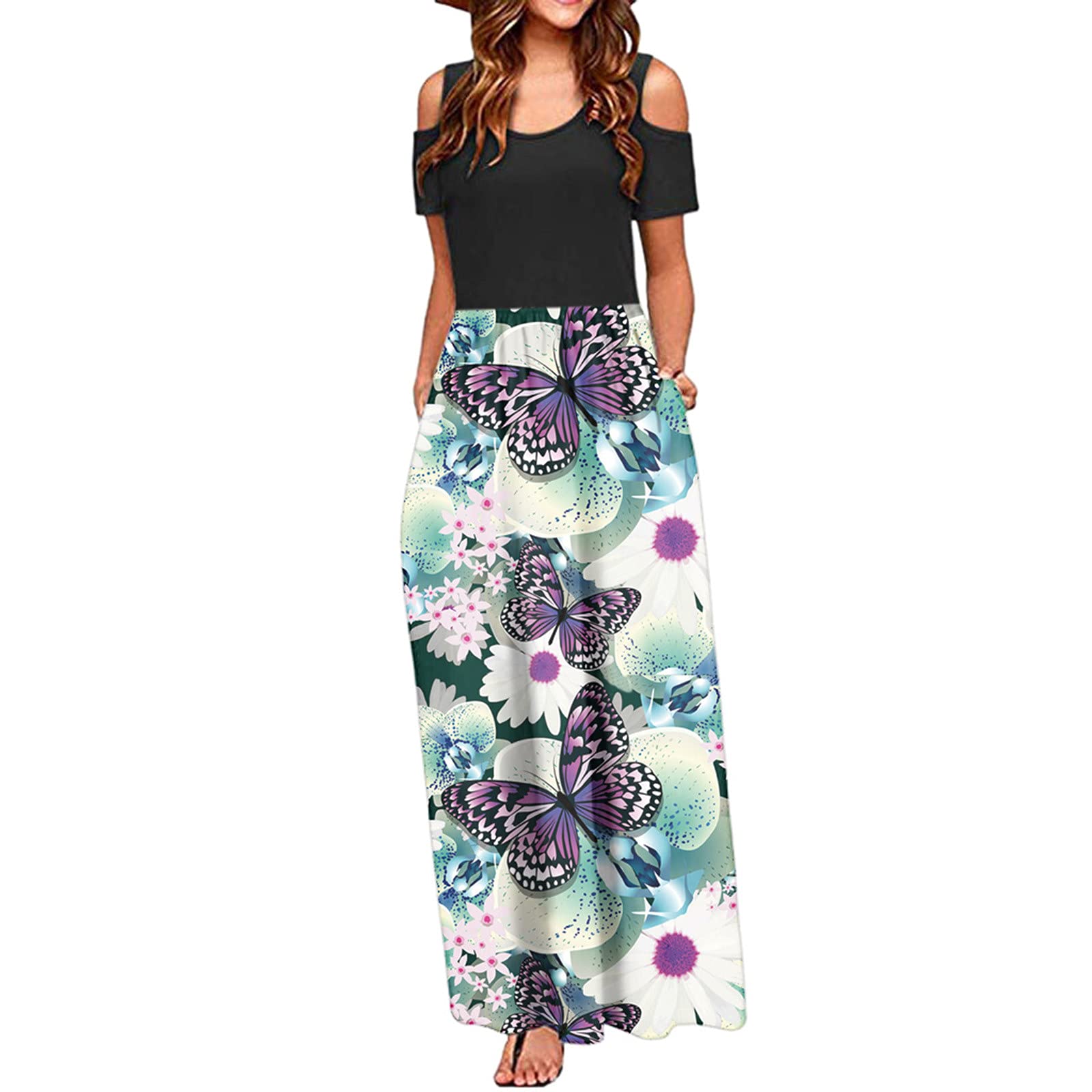 Elegant Floral Print Maxi Dress for Women - Summer Long Sleeve Shoulder Dress with Pockets - Perfect for Beach Vacations, Weddings & Casual Outings