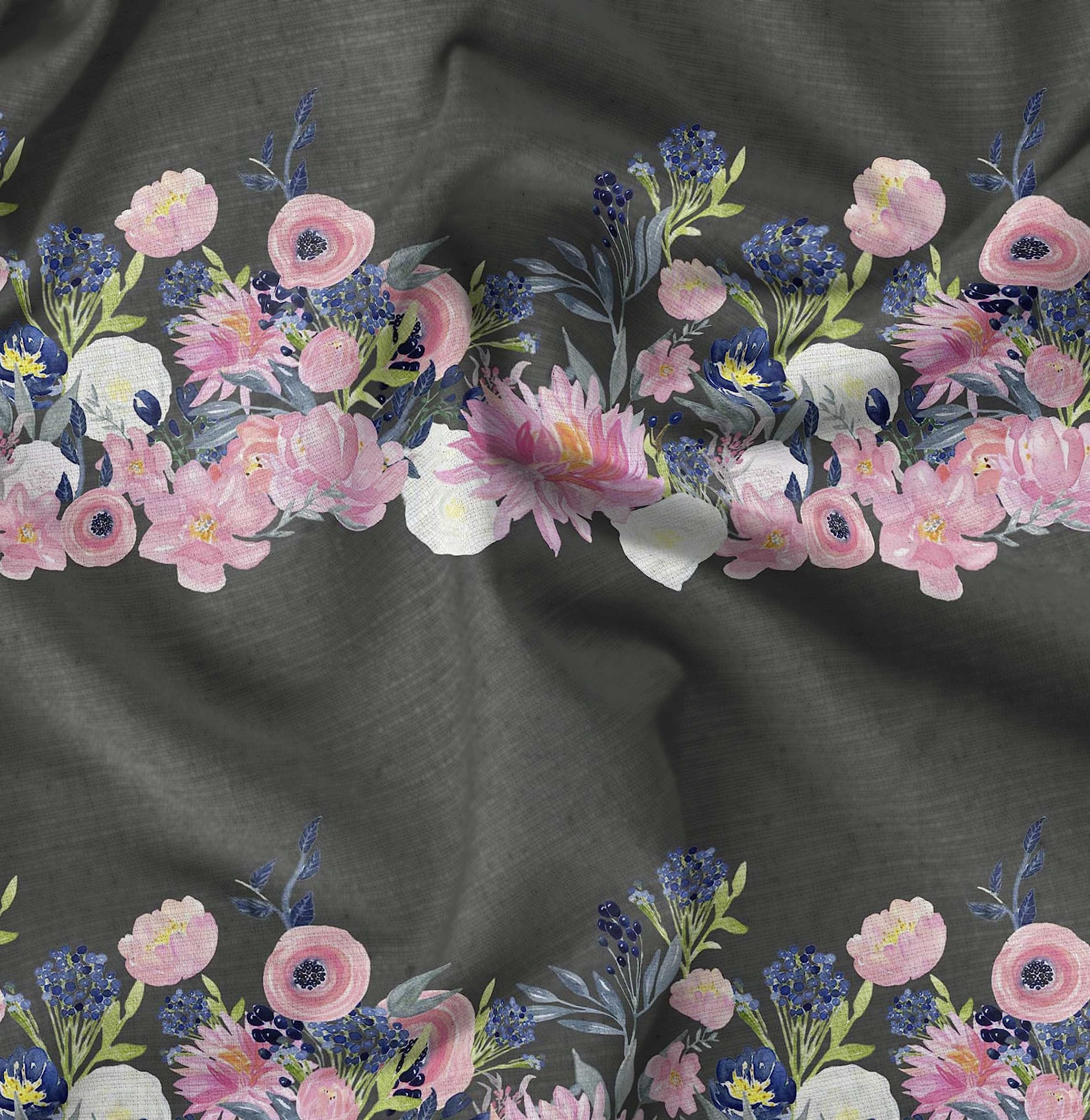 Soimoi Moss Georgette Gray Fabric by The Yard - 44 Inch Wide Floral Printed Fabric with Ranunculus & Chrysanthemum Patterns - Lightweight Draping Material for Dresses, Scarves, Curtains & Home Decor