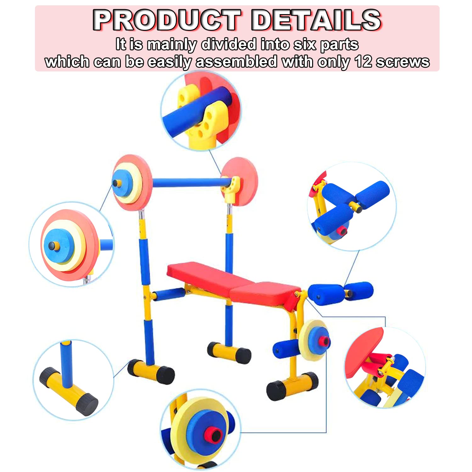 Kids Workout Equipment - Adjustable Weight Bench for Strength Training & Full Body Exercise | Fun Fitness Bench Press for Home Gym, Youth Exercise & Playroom Activities