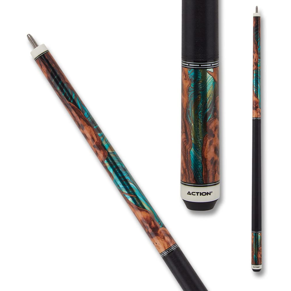 Premium Action Fractal Billiards Pool Cue Stick - Exotic Burl Wood with Green Foil Inlay | Professional Tournament & Home Game Accessory