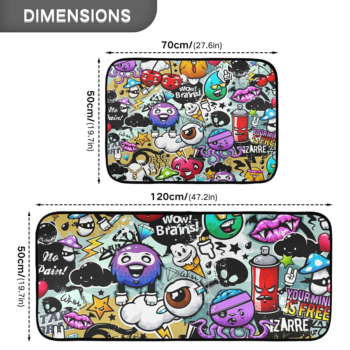 Non-Slip Washable 2-Piece Kitchen Runner Rug Set - Bizarre Elements Characters Design for Sink Floor, Laundry Room & Home Decor | Soft Anti-Skid Mats for High Traffic Areas