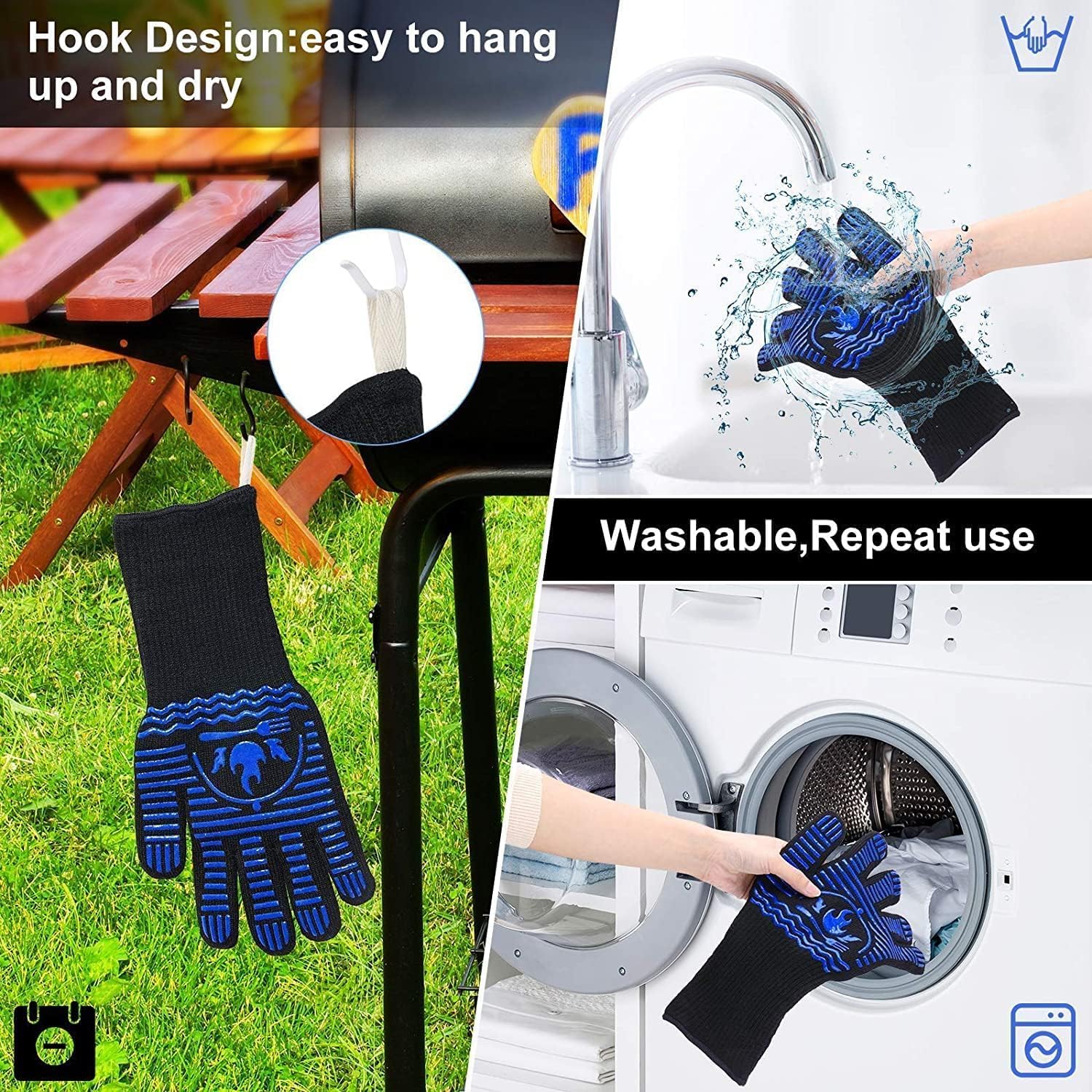 Heat Resistant BBQ Gloves - 1472°F Extreme Heat Protection, Non-Slip Food Grade Silicone Oven Mitts for Grilling, Baking, Smoking & Kitchen Use - Perfect for Outdoor Cooking, Camping & Backyard Barbecues (14 Inch)