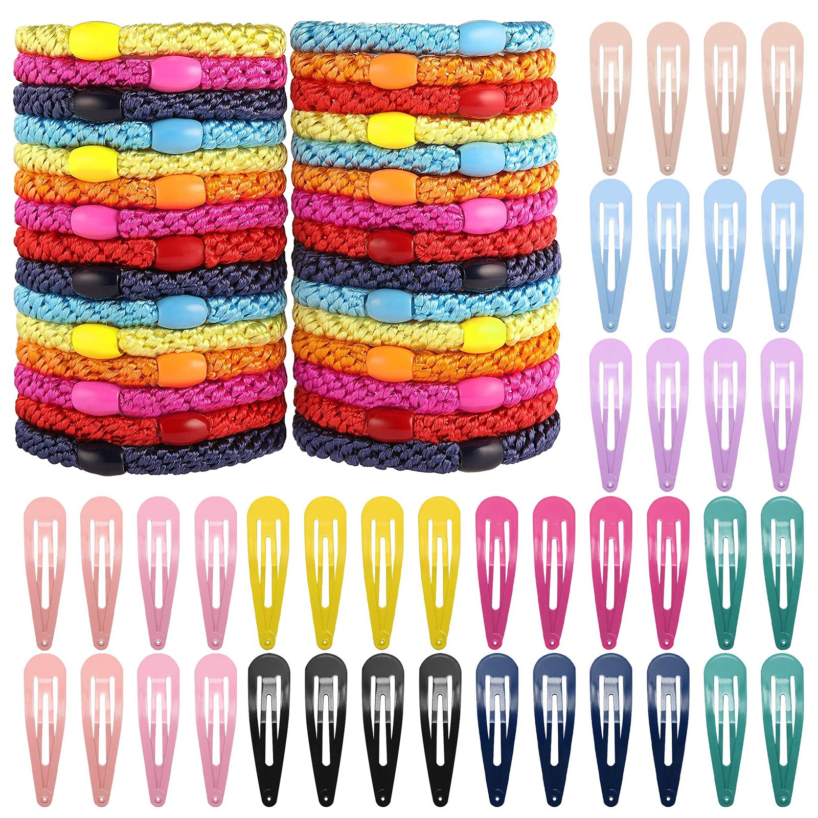 40Pcs Snap Hair Clips & 30Pcs Hair Ties Set for Women - Colorful No Slip Metal Barrettes & Elastic Ponytail Holders for Thick Hair - Perfect for School, Work, Gym and Daily Styling