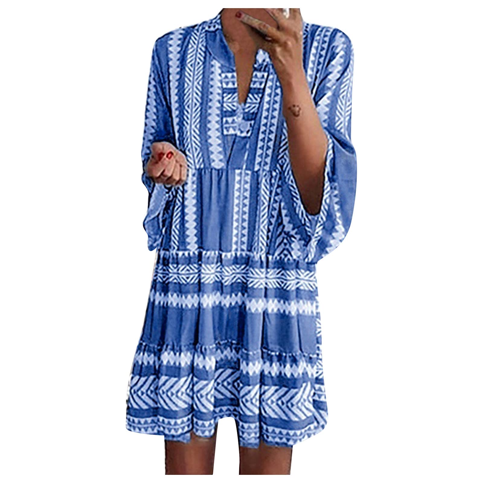 Women's Maxi Dress Long Sleeve V-Neck Printed Tunic Swing Party Dress for Summer Holiday & Beach Vacation | Boho Midi Dress for Casual Outings, Date Night & Special Occasions