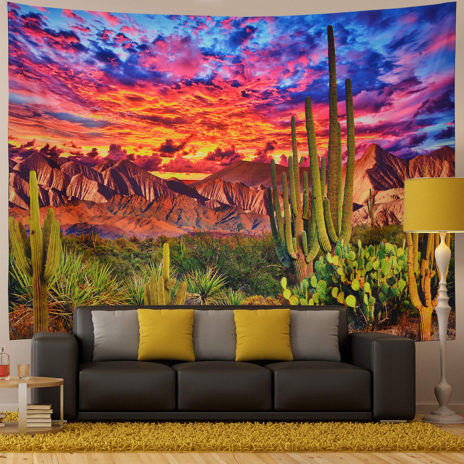 Generleo Mountain Desert Cactus Sunset Clouds Psychedelic Tropical Plants Wall Art - Vibrant Boho Wall Hanging for Bedroom, Living Room & Dorm Decor | Perfect for Bohemian Home Decor & Hippie Aesthetic