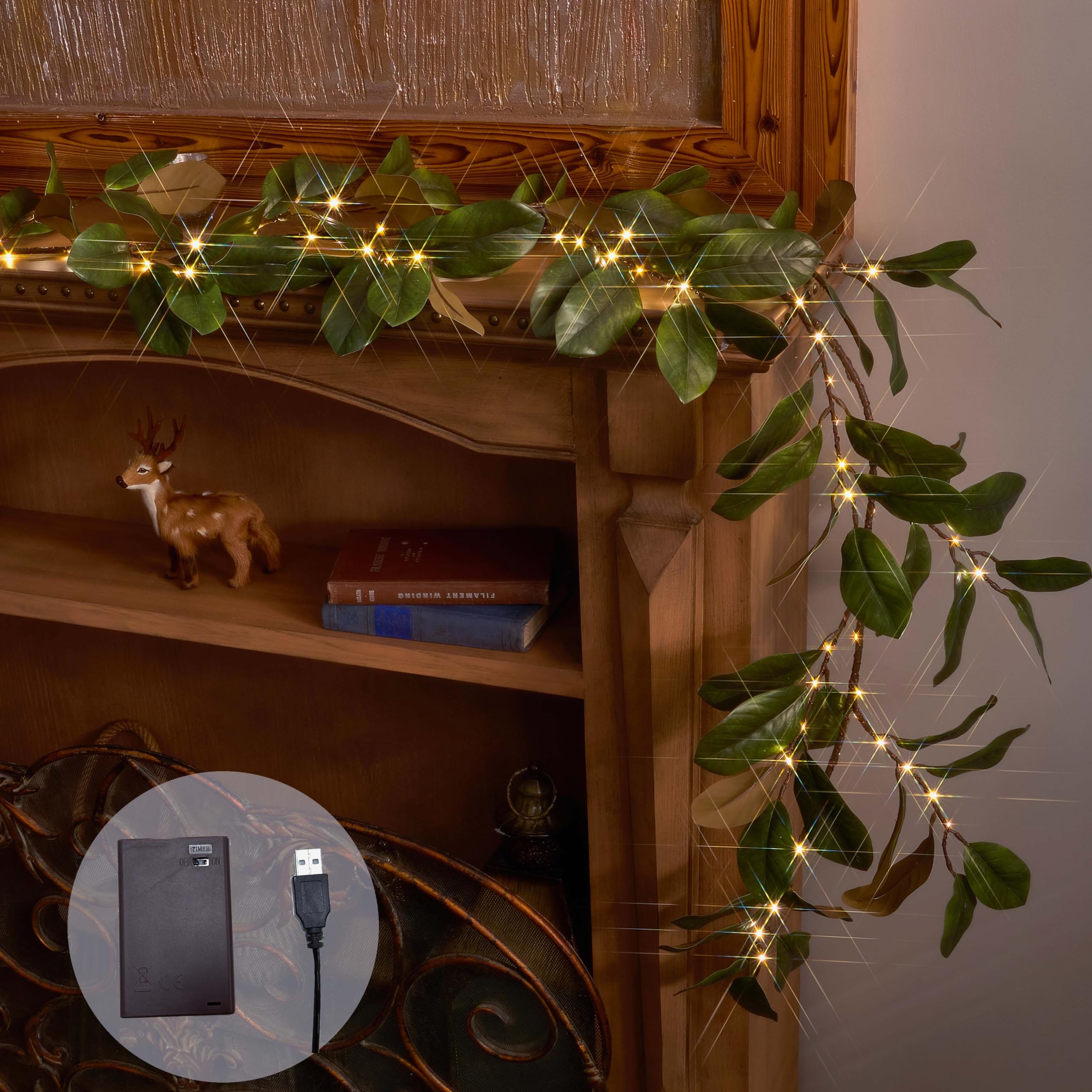 80 LED Lighted Magnolia Garland with Timer - 6FT Artificial Flower Vine with Fairy Lights, Battery or USB Powered for Fireplace Mantle, Christmas, Spring, Wedding & Home Decor