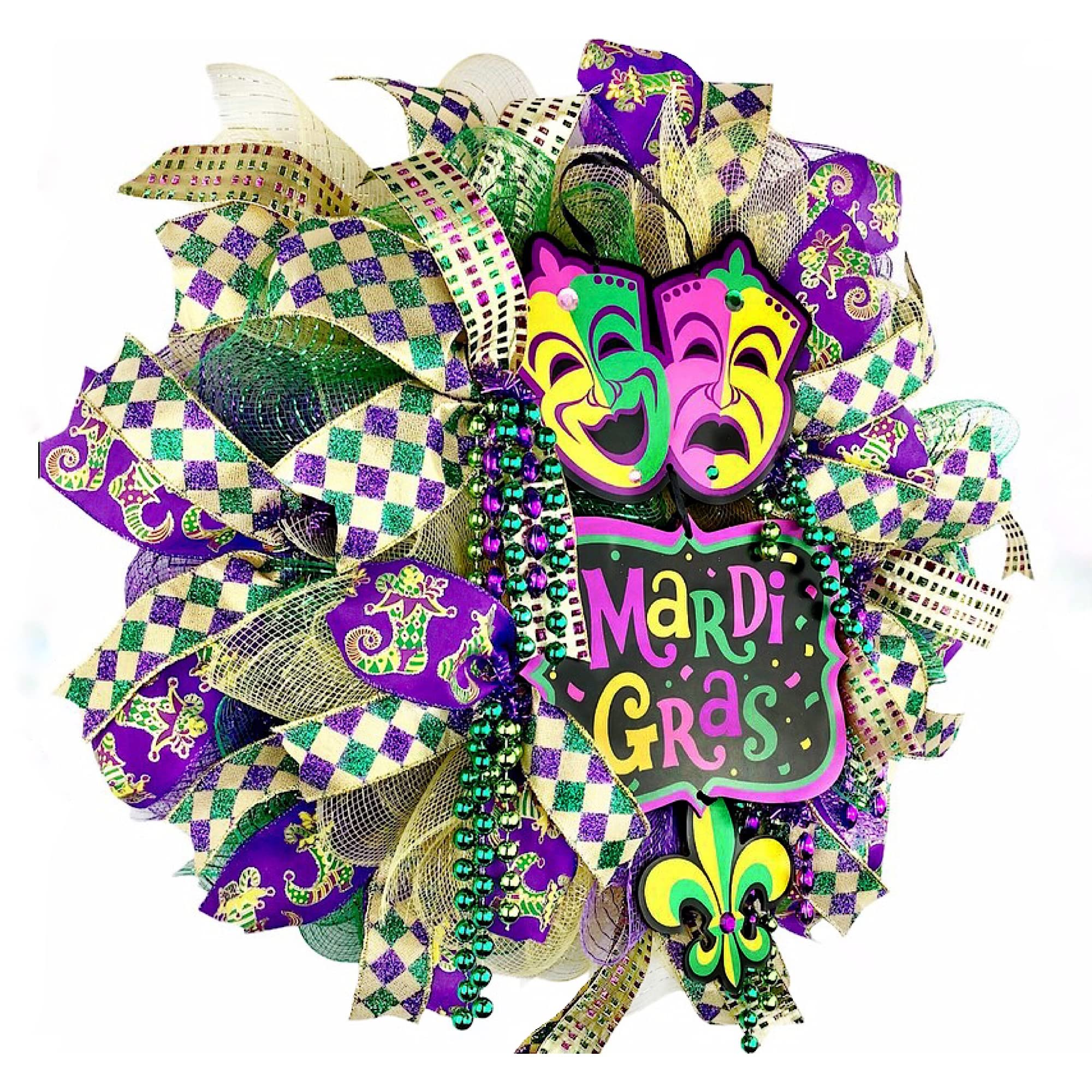 Handmade Comedy Tragedy Wreath with Beads - Mardi Gras Fat Tuesday Wreath Decor for Door, Wall & Party | Unique Carnival Decorations by Paradise Wreath Boutique