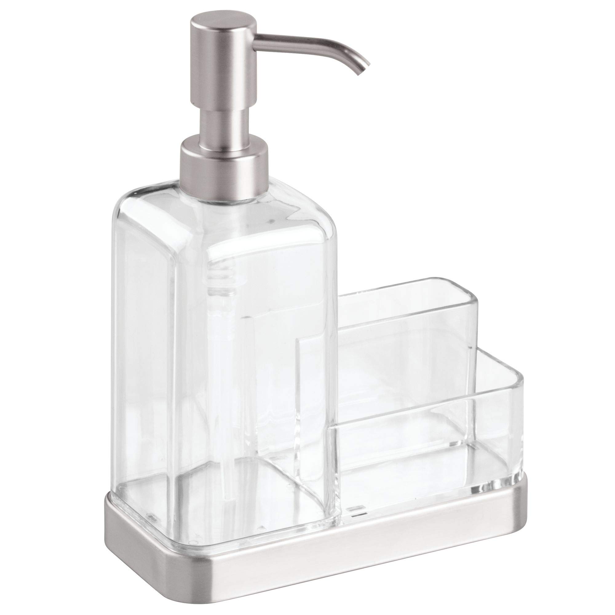 iDesign 67080 Forma Plastic Soap Pump with Caddy | Bathroom & Kitchen Dispenser with Storage Compartment | Stainless Steel Finish | Perfect for Countertops, Sinks & Vanities | Set of 1