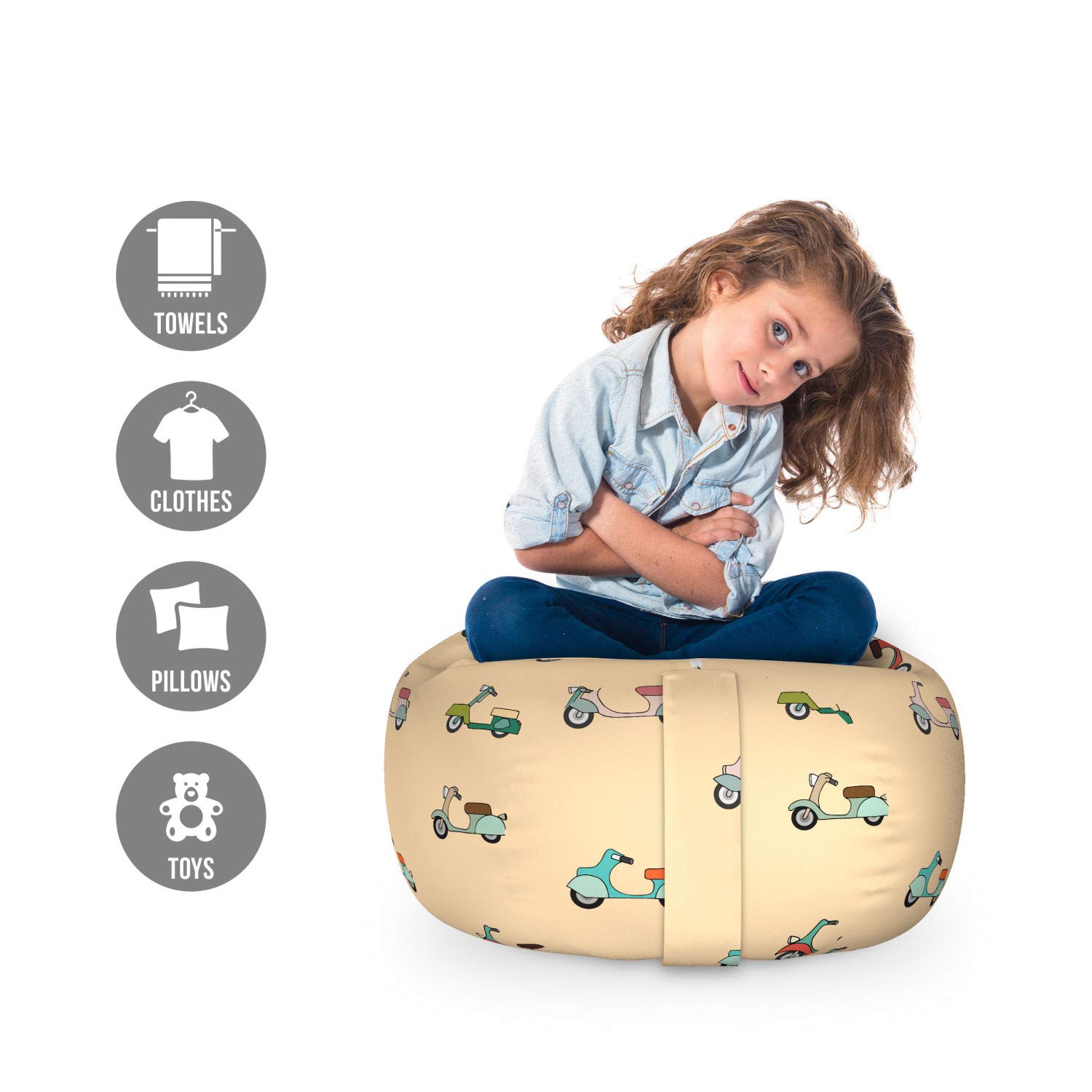 Ambesonne Urban Storage Toy Bag Chair - Cartoon Style Scooter & Retro Vehicle Pattern, Washable Stuffed Animal Organizer (Small, Multicolor) - Perfect for Kids' Room, Playroom & Toy Storage Organization