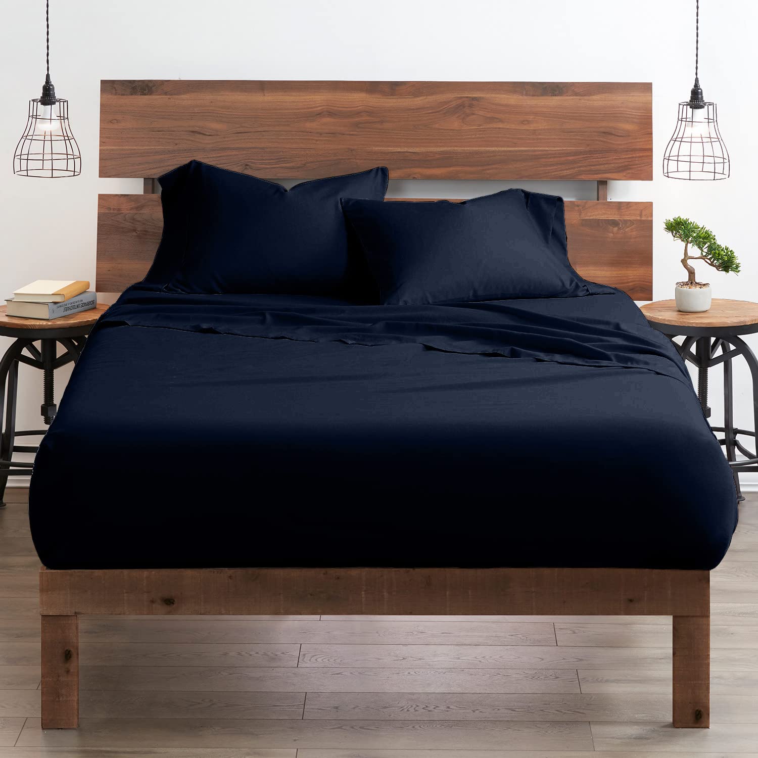 100% Certified Giza Cotton Pillowcase & Sheet Set - Queen Size, Soft Sateen Weave, Breathable Egyptian Cotton, Fits Up to 18-Inch Deep Pocket Mattress - Navy Blue - Luxury Bedding for Ultimate Comfort & Sleep