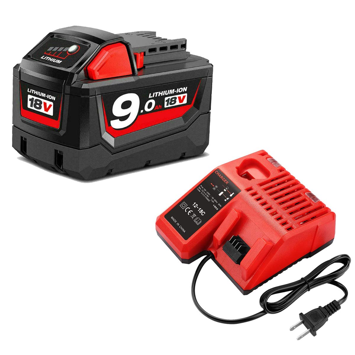 High Capacity 18V 9.0Ah Replacement Battery for Milwaukee M18 XC Power Tools - Compatible with 48-11-1850, 48-11-1815, 48-11-1820, 48-11-1852, 48-11-1828 - Includes 12V-18V 48-59-1812 Charger for Milwaukee M12/M18 Tools - Perfect for Drilling, Sawing & Construction Projects
