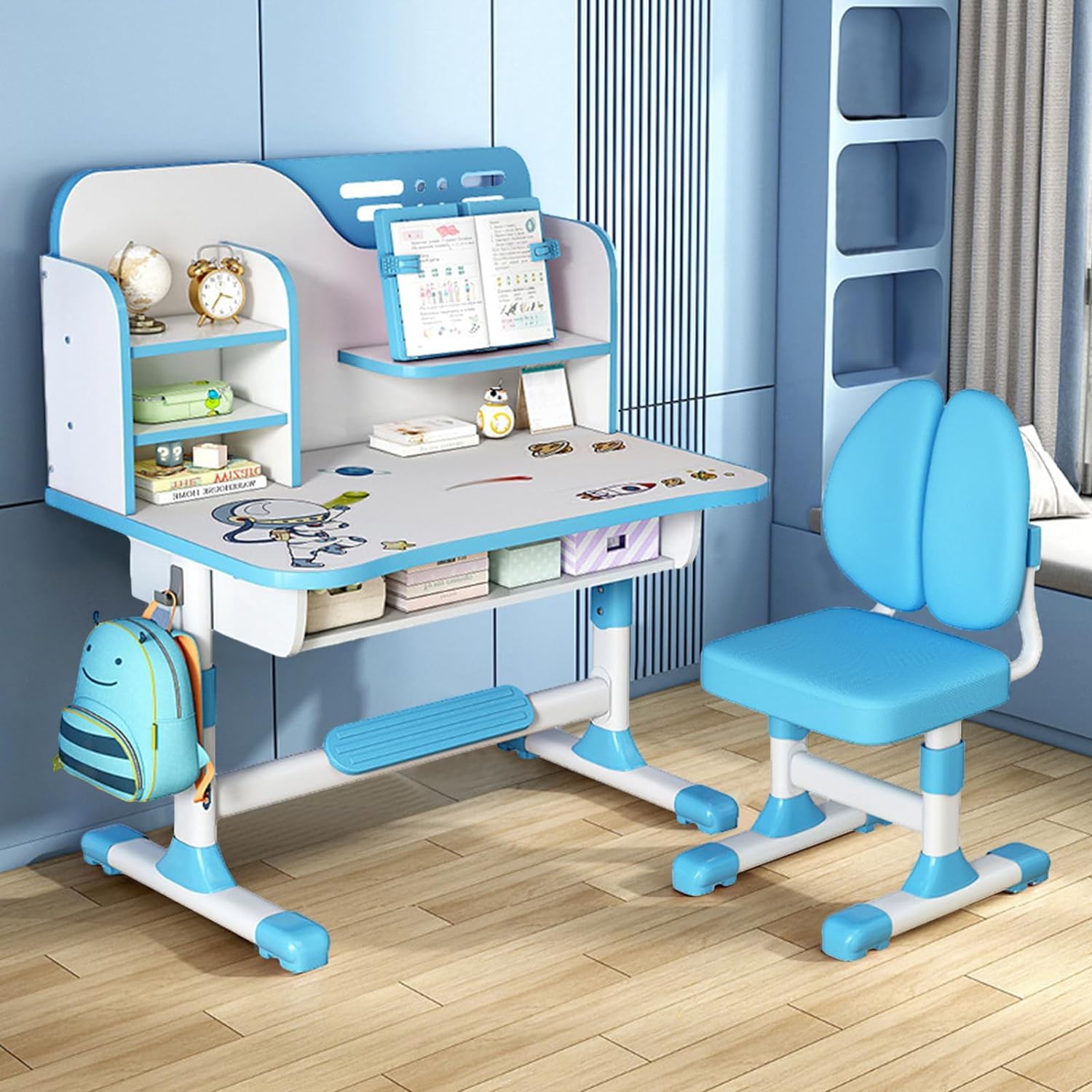 Kids Study Desk and Chair Set with Golden Distance Design - Adjustable Height Writing Table for Boys & Girls, Homeschooling & Online Learning (Blue) - Perfect for Bedroom, Playroom & Classroom Use