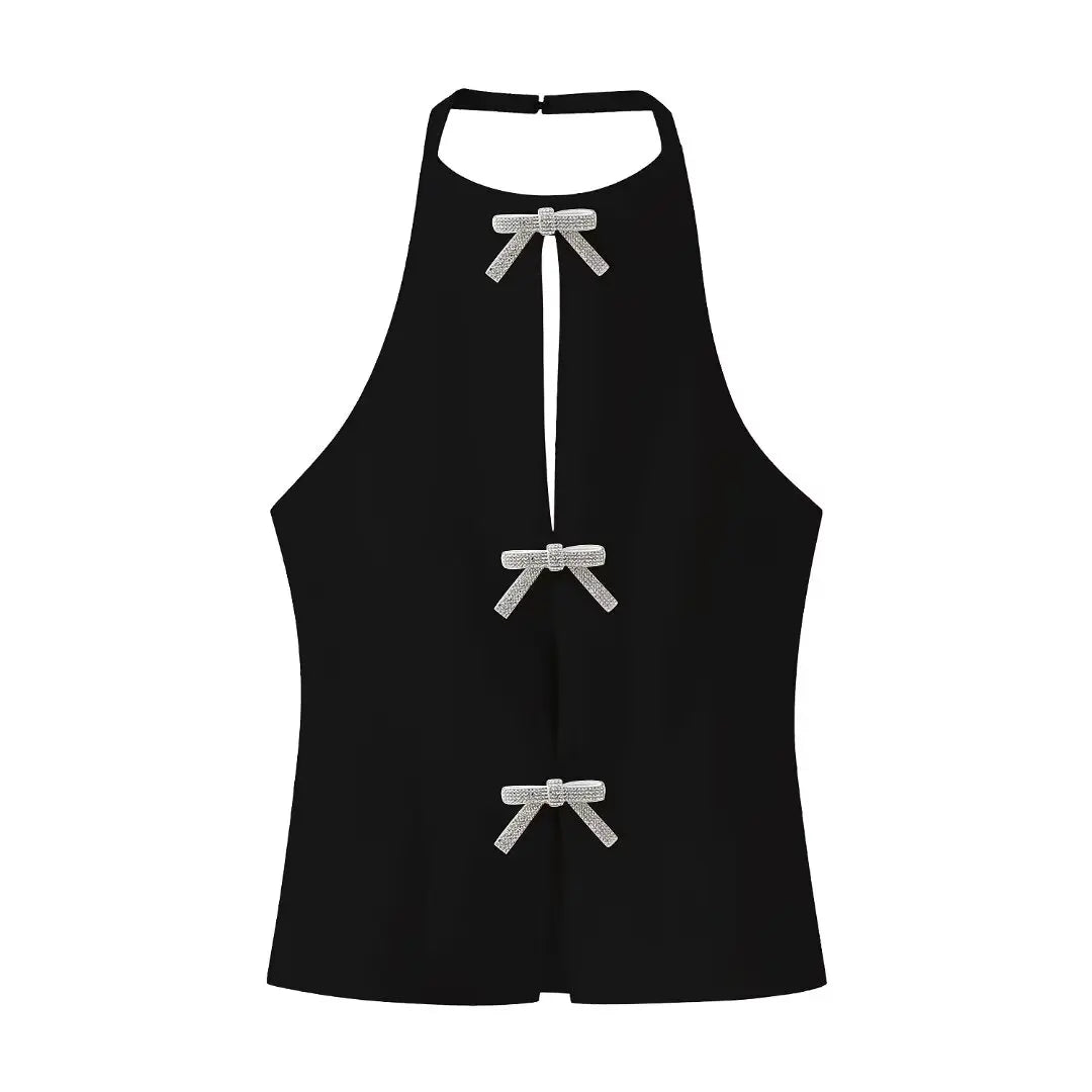 Sexy Women's Halter Tops - Summer Fashion Solid O-Neck Sleeveless Hollow Out Backless Blouse with Bow Decoration | Elegant Slim Fit for Beach, Party & Casual Wear
